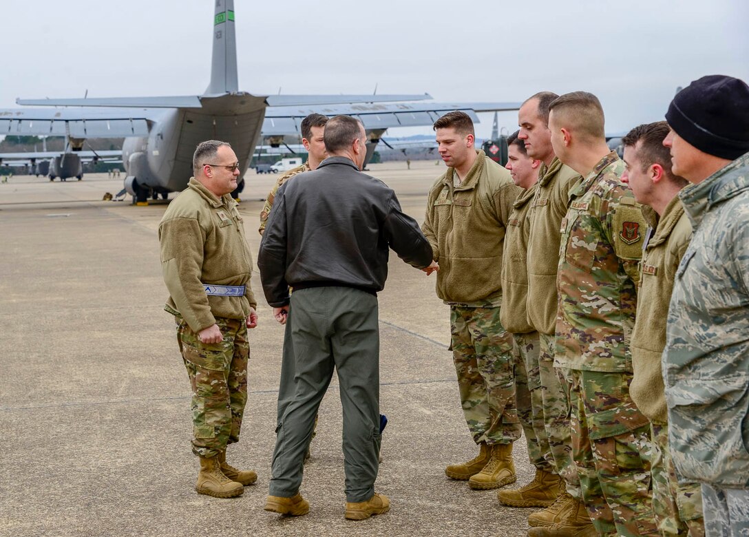 Healy spoke to several groups of Airmen throughout the visit, gaining insight into how the unit provides combat-ready Airmen, tactical airlift and agile combat support. (U.S. Air Force Reserve photo by Senior Airman Nathan Byrnes)