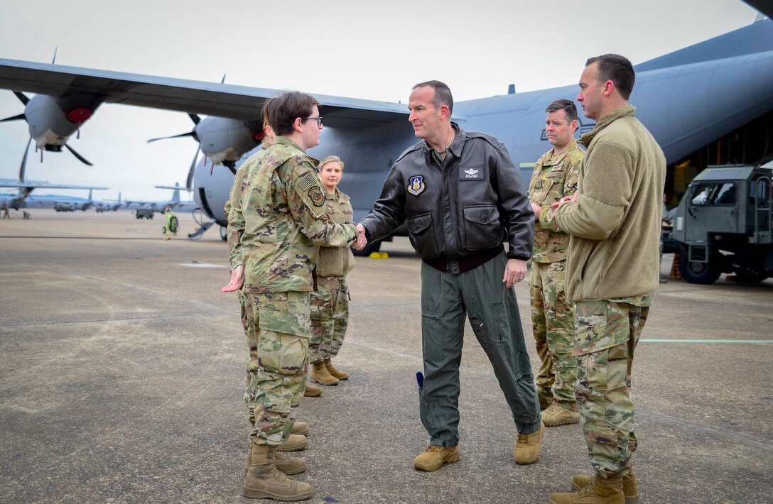 Healy spoke to several groups of Airmen throughout the visit, gaining insight into how the unit provides combat-ready Airmen, tactical airlift and agile combat support. (U.S. Air Force Reserve photo by Senior Airman Nathan Byrnes)