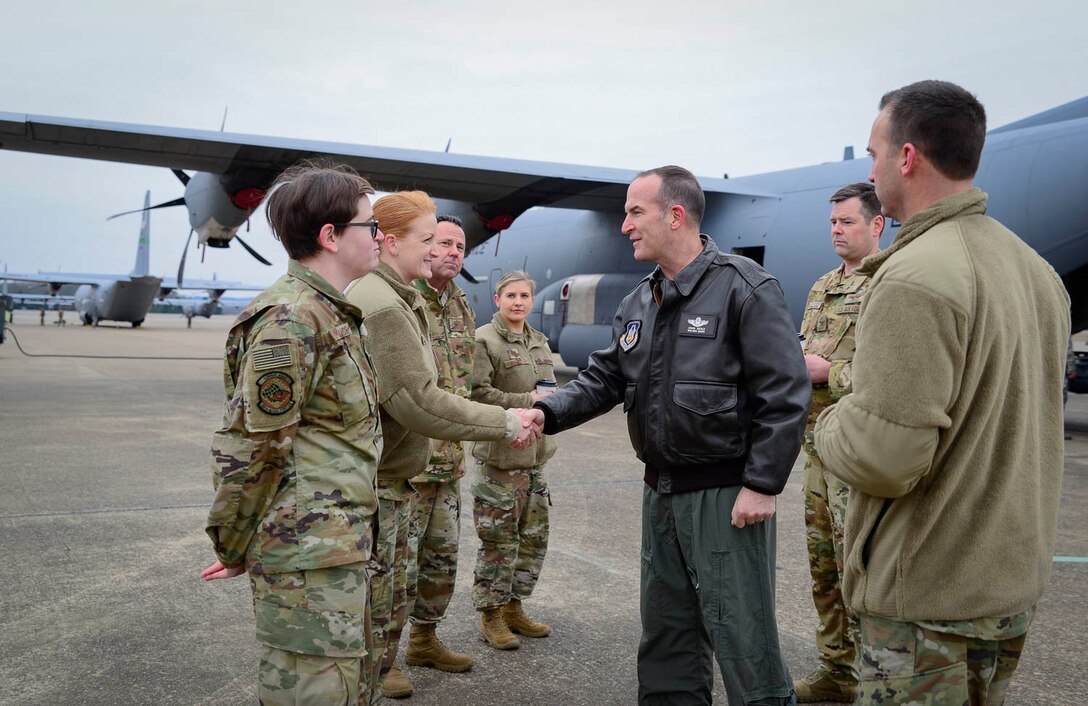 Healy spoke to several groups of Airmen throughout the visit, gaining insight into how the unit provides combat-ready Airmen, tactical airlift and agile combat support. (U.S. Air Force Reserve photo by Senior Airman Nathan Byrnes)