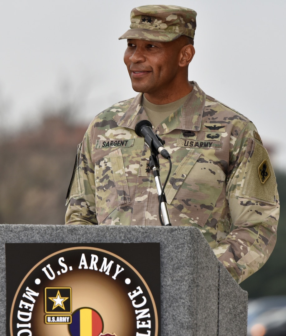 Maj. Gen. Patrick D. Sargent giving his remarks during the U.S. Army Medical Center of Excellence change of command ceremony at Joint Base San Antonio-Fort Sam Houston Jan. 10.
