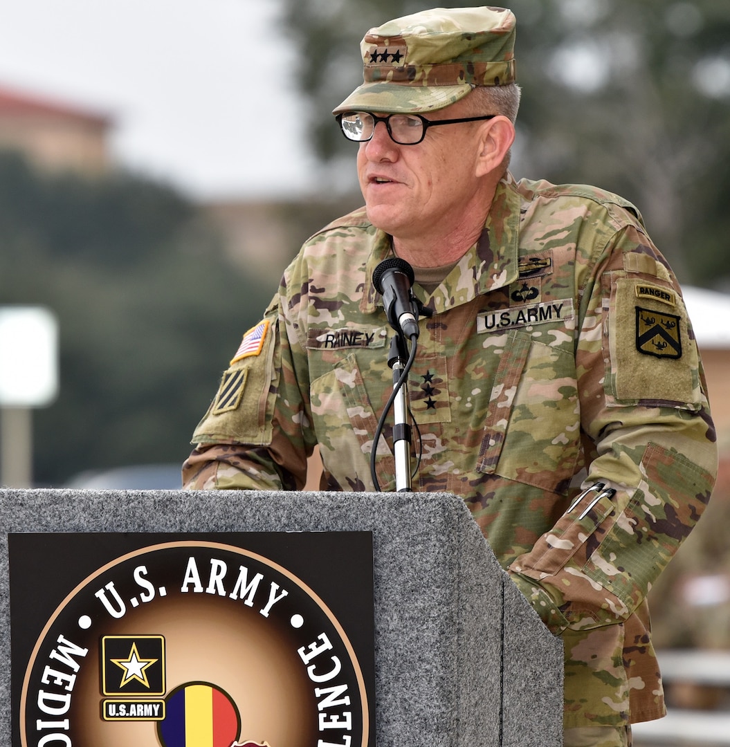 Lt. Gen. James E. Rainey giving his remarks during the U.S. Army Medical Center of Excellence change of command ceremony at Joint Base San Antonio-Fort Sam Houston Jan. 10.