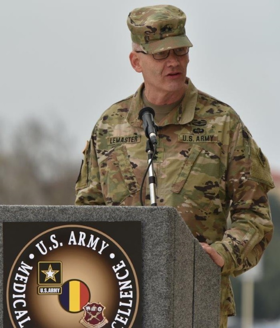 Maj. Gen. Dennis P. LeMaster giving his remarks during the U.S. Army Medical Center of Excellence change of command ceremony at Joint Base San Antonio-Fort Sam Houston Jan. 10.