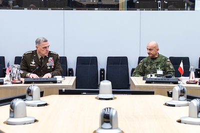 Chairman of the Joint Chiefs of Staff Gen. Mark A. Milley meets with Chief of the General Staff of the Polish Armed Forces, Gen. Raymond Andrzejczak in Brussels, Belgium, Jan. 13, 2020. NATO continues to evolve and adapt to meet new security challenges, achieve its strategic objectives and remain postured to respond to current and future missions.