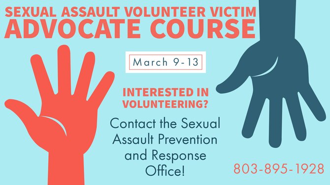 Graphic for a Sexual Assault Volunteer Victim Advocate Course scheduled March 9-13, 2020.