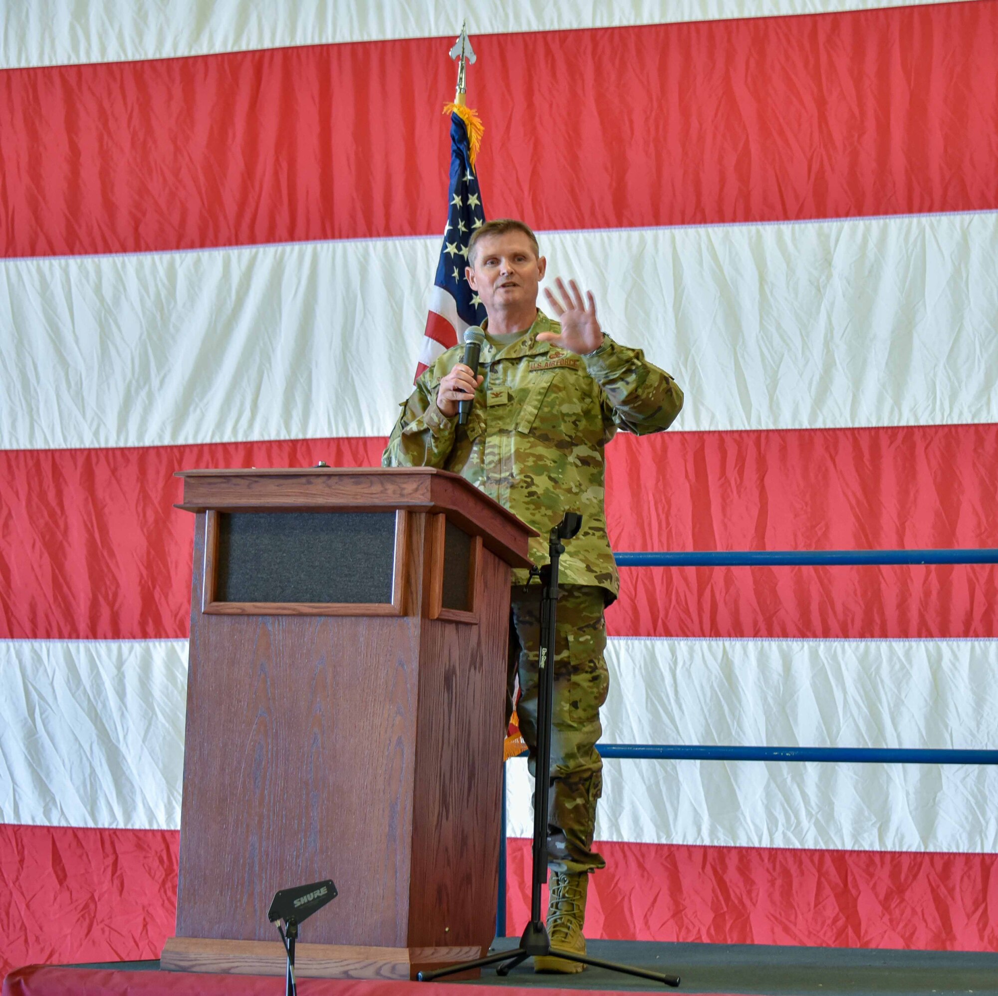 Col. L. Gregg Russell addresses his Airmen for the first time during  the 301st Mission Support Group assumption of command ceremony, Jan. 12, 2020, at U.S. Naval Air Station Joint Reserve Base Fort Worth, Texas. The 301 MSG provides in-garrison and agile combat support. (U.S. Air Force photo by Senior Airman Brittany Landy)