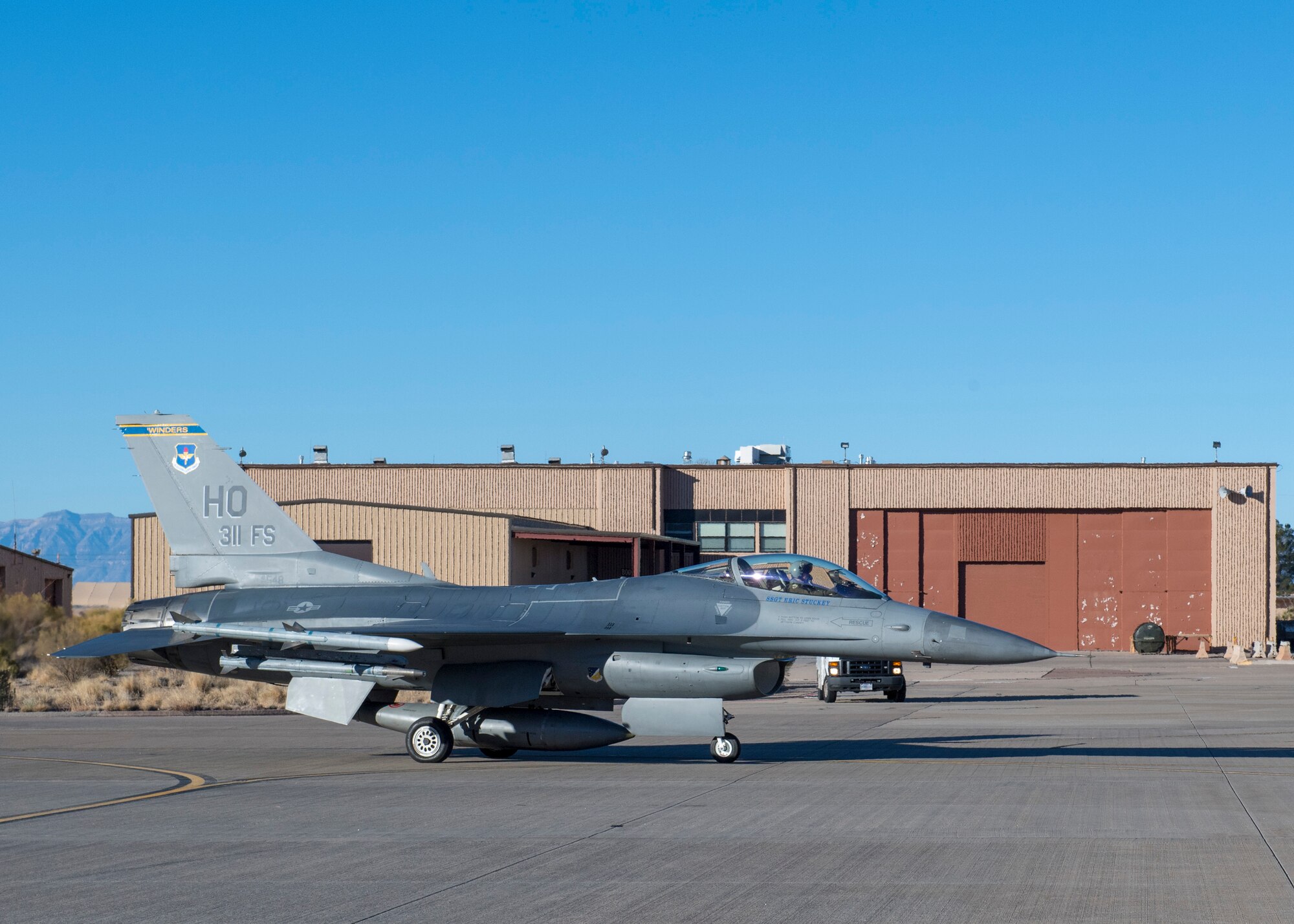 Pilots from the 311th Fighter Squadron depart for Key West, Fla., Jan. 11, 2020, on Holloman Air Force Base, N.M. The 311th team departed for Key West to train basic course pilots in Dissimilar Air Combat Training. (U.S. Air Force photo by Airman 1st Class Autumn Vogt)