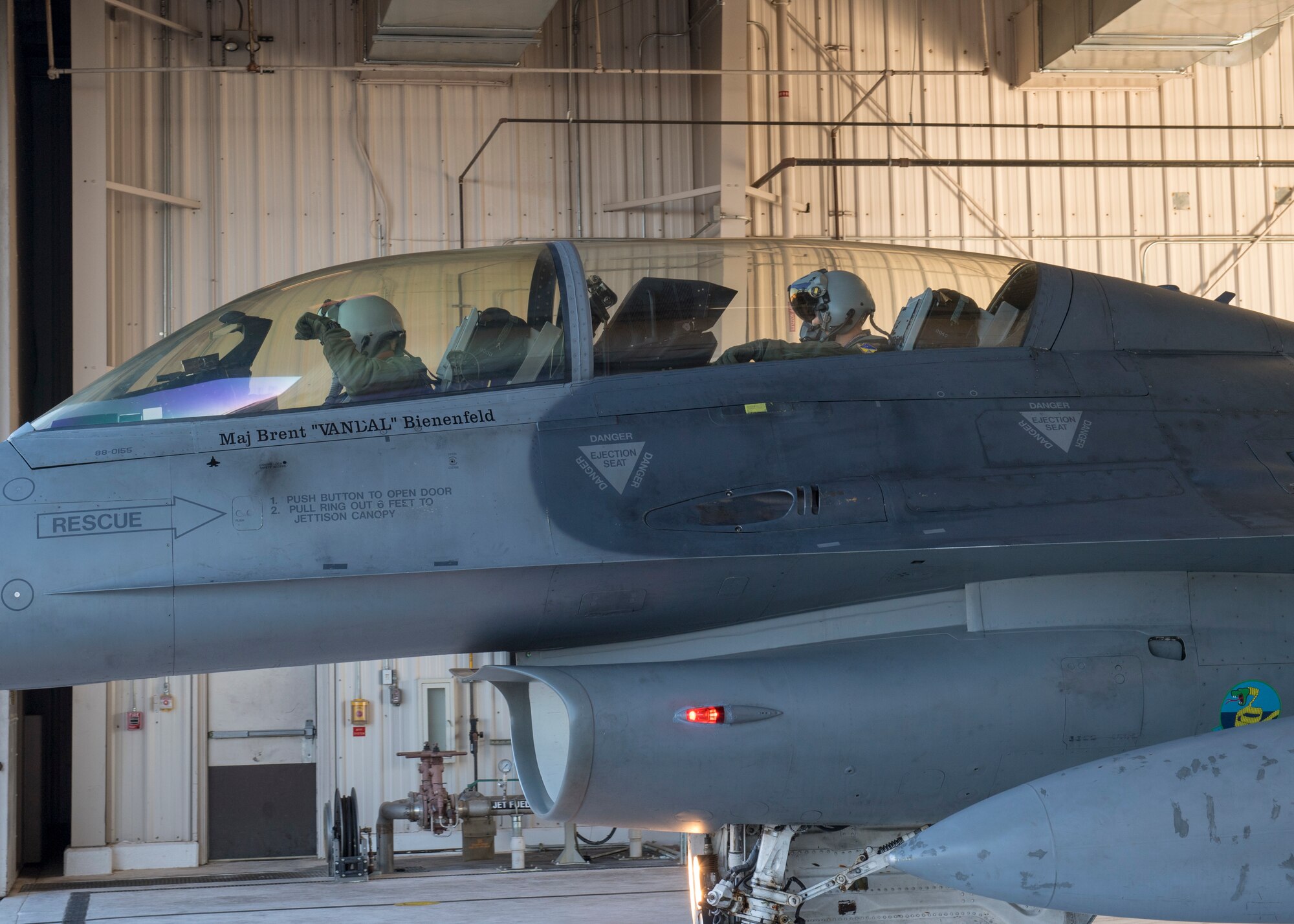 Lt. Col. George Normandin, 311th Fighter Squadron director of operations and 1st Lt. Wooyeon Hicks, 311th Fighter Squadron student, prepare to taxi, Jan. 11, 2020, on Holloman Air Force Base, N.M. Members from the 311th Fighter Squadron departed Holloman for Key West to allow their students to participate in Dissimilar Air Combat Training. (U.S. Air Force photo by Airman 1st Class Autumn Vogt)