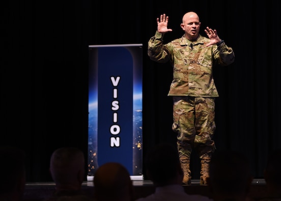 U.S. Air Force Col. Andres Nazario, 17th Training Wing commander, explains the new strategic approach for Goodfellow Air Force Base during his Commander’s Call at the Murphey Performance Hall in San Angelo, Texas, Jan. 9, 2020.  Nazario unveiled The Goodfellow Way, an improved mission, which is fueled by vision, leadership and energy. (U.S. Air Force photo by Airman 1st Class Abbey Rieves)