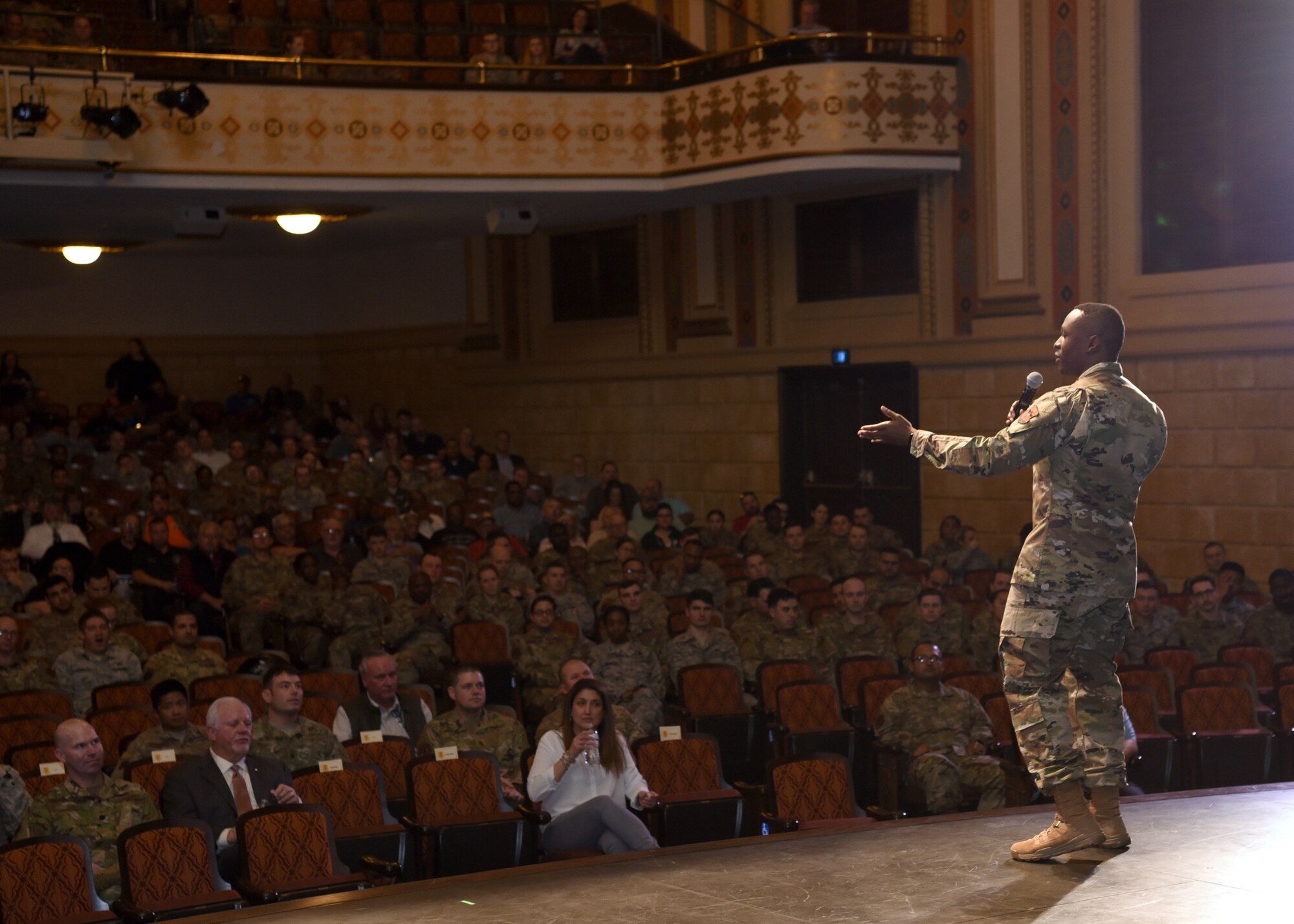 U.S. Air Force Chief Master Sgt. Lavor Kirkpatrick, 17th Training Wing command chief, prepares Goodfellow Air Force Base’s personnel and community members for the first Commander’s Call of the new year at the Murphey Performance Hall in San Angelo, Jan. 9, 2020. Kirkpatrick engaged the crowd with connecting activities and ice breakers before the event. (U.S. Air Force photo by Airman 1st Class Abbey Rieves)
