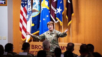 U.S. Air Force Surgeon General, Lt. Gen. Dorothy A. Hogg speaks to doctors, nurses and technicians Jan. 9, 2020 during a visit to Brooke Army Medical Center, Joint Base San Antonio, Texas. Airmen from BAMC and Wilford Hall Ambulatory Surgical Center gathered for a town hall to hear Hogg’s perspective on the future of military medicine and ask questions. (U.S. Air Force photo by Tech. Sgt. Katherine Spessa//Released)