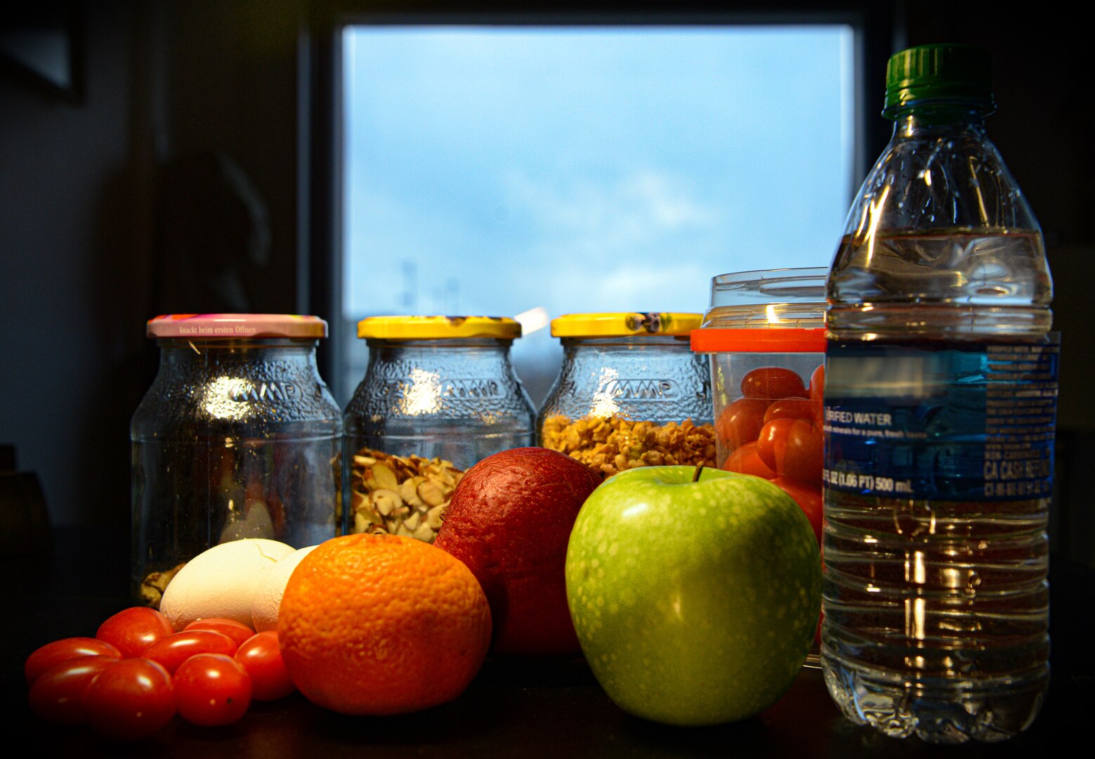 A display of fruits, vegetables, nuts and water, as shown at Ramstein Air Base, Germany, Jan. 10, 2020.