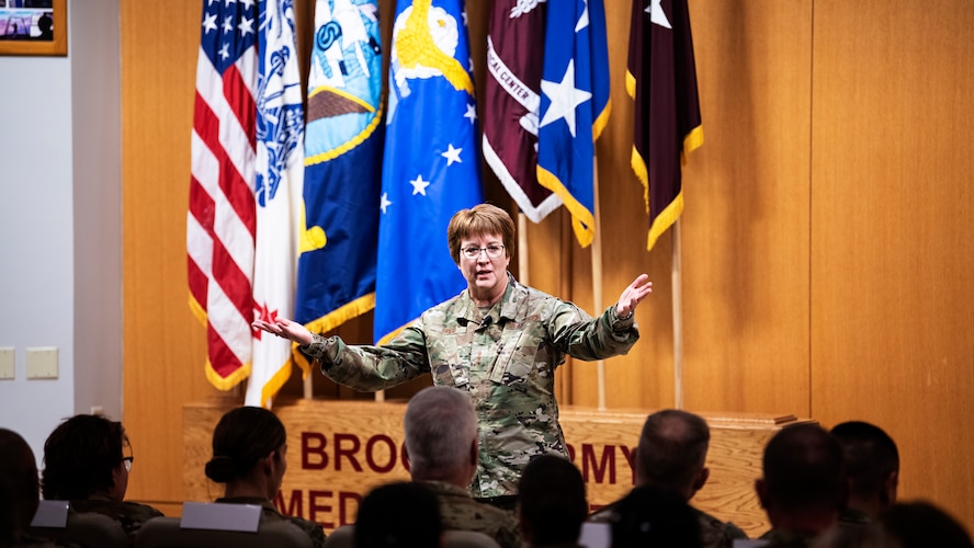 U.S. Air Force Surgeon General, Lt. Gen. Dorothy A. Hogg speaks to doctors, nurses and technicians Jan. 9, 2020 during a visit to Brooke Army Medical Center, Joint Base San Antonio, Texas. Airmen from BAMC and Wilford Hall Ambulatory Surgical Center gathered for a town hall to hear Hogg’s perspective on the future of military medicine and ask questions. (U.S. Air Force photo by Tech. Sgt. Katherine Spessa//Released)