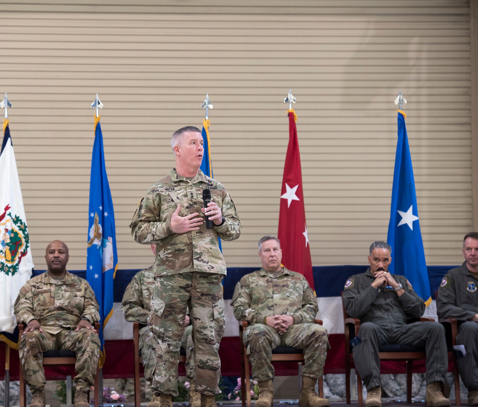 West Virginia National Guard Adjutant General, Maj. Gen. James Hoyer, talks about the great responsibility of being a wing commander during a change of command ceremony at the 167th Airlift Wing, West Virginia Air National Guard, Jan. 12, 2020. Col. Martin Timko assumed command of the wing, Col. David Cochran relinquished command during the ceremony.