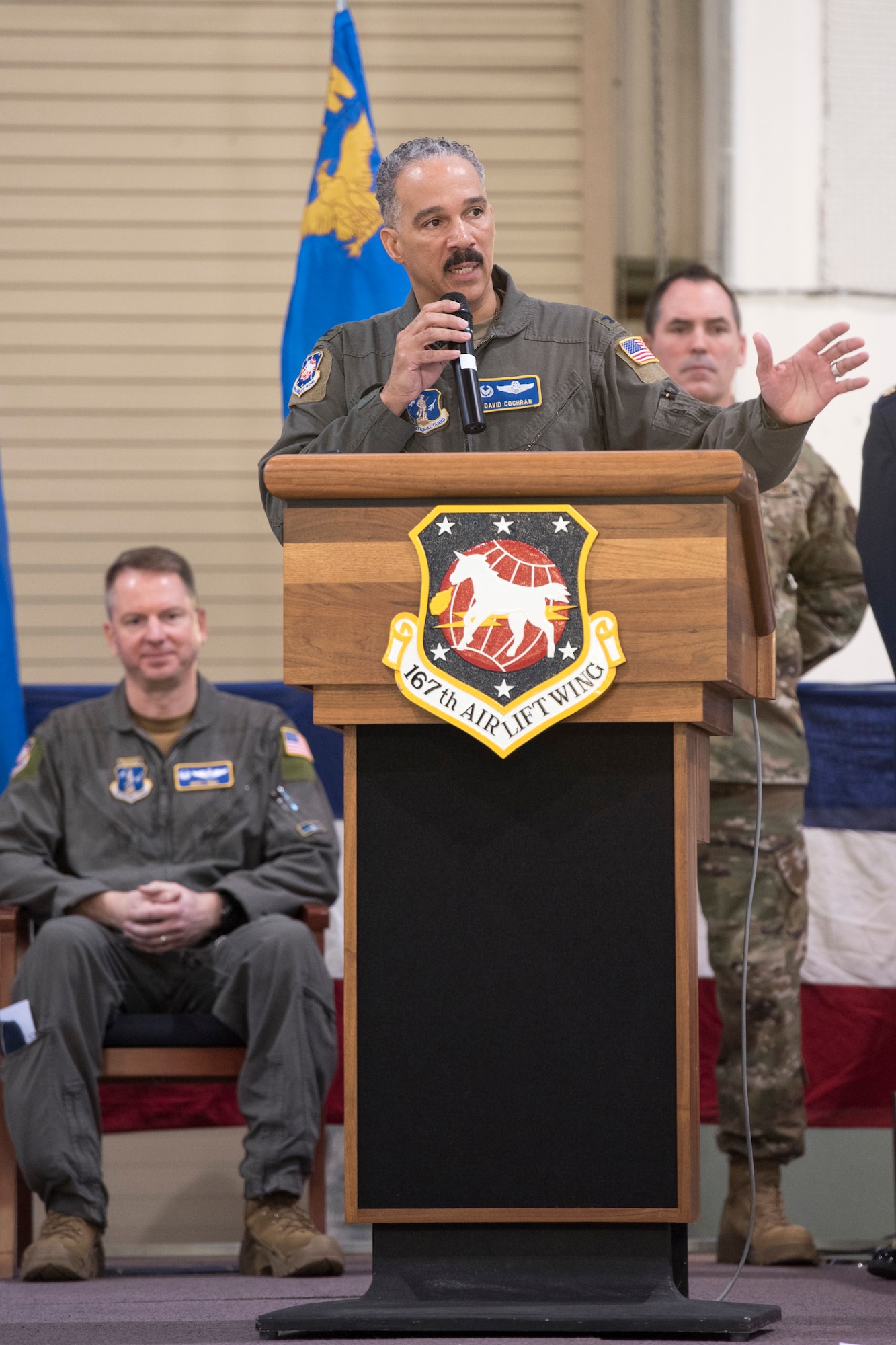 Col. David Cochran remarks about his time in command of the 167th Airlift Wing, West Virginia Air National Guard, Jan. 12, 2020, during a change of command ceremony. Cochran relinquished command of the wing, Col. Martin Timko assumed command of the wing during the ceremony.