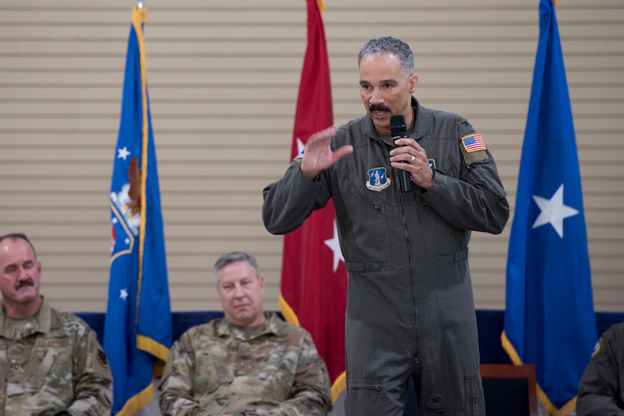 Col. David Cochran thanks his family for their support during his time in command of the 167th Airlift Wing, West Virginia Air National Guard, Jan. 12, 2020, during a change of command ceremony. Cochran relinquished command of the wing, Col. Martin Timko assumed command of the wing during the ceremony.