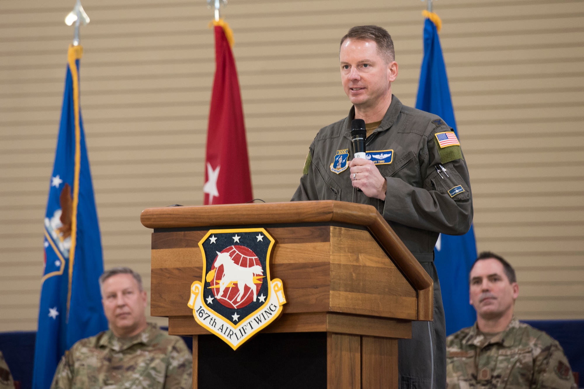 Col. Martin Timko addresses members of the 167th Airlift Wing, West Virginia Air National Guard, during a change of command ceremony, Jan. 12, 2020. Timko assumed command of the wing, Col. David Cochran relinquished command during the ceremony.