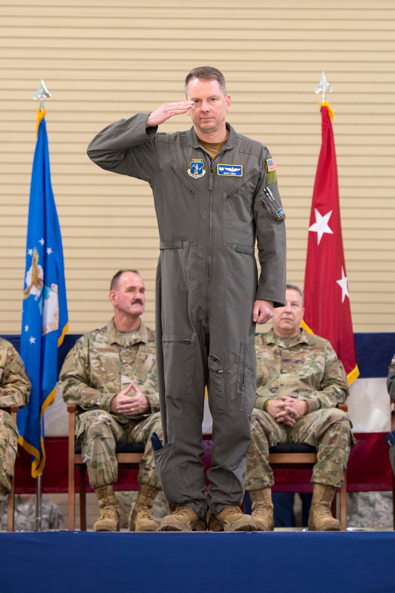 Col. Martin Timko returns a salute to the members of the 167th Airlift Wing as they render their first salute to their new commander during a change of command ceremony, Jan. 12, 2020. Timko assumed command of the wing, Col. David Cochran relinquished command during the ceremony.