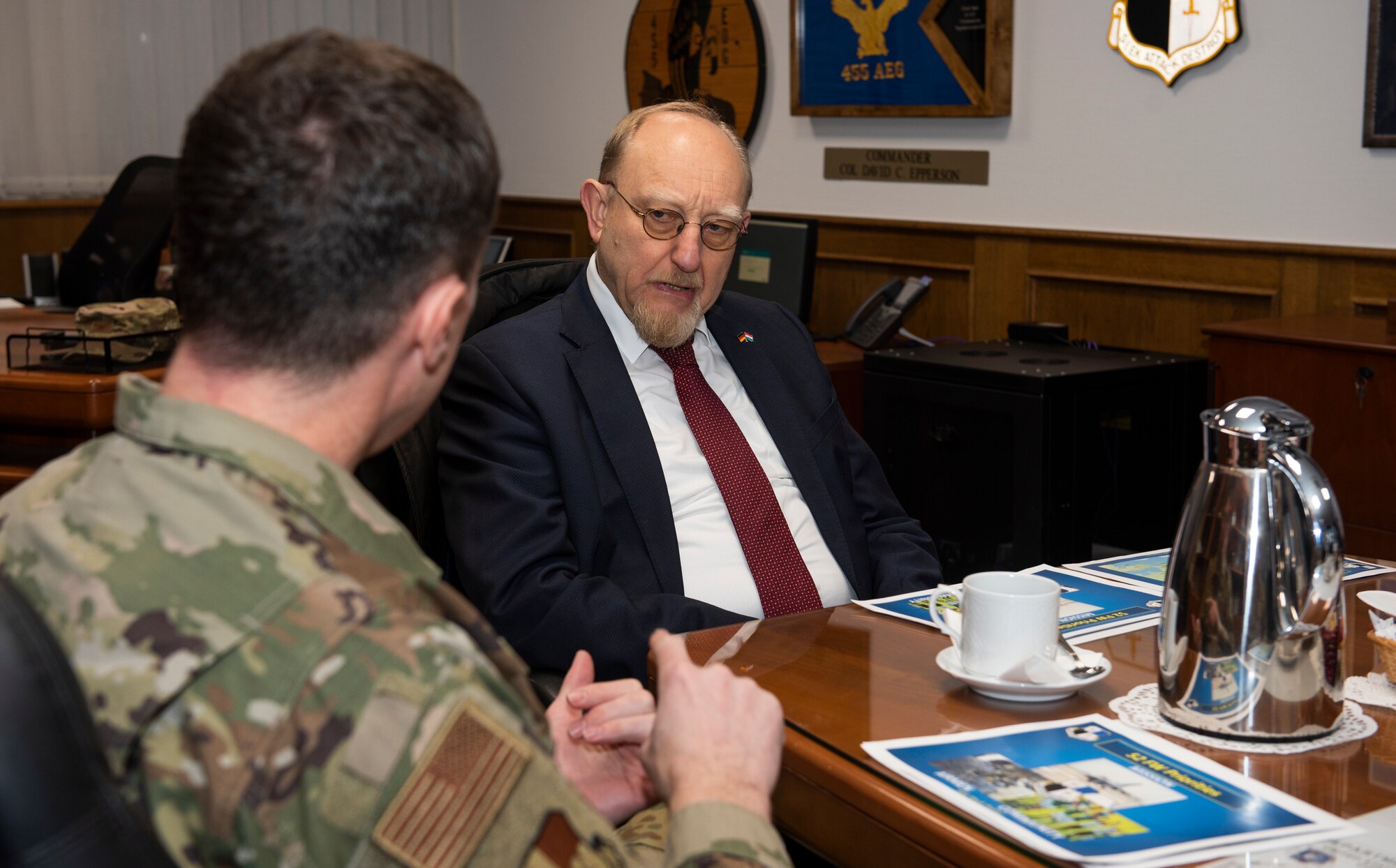 Dr. Heinrich Kreft, German ambassador to Luxembourg, center, speaks with U.S. Air Force Col. David Epperson, 52nd Fighter Wing commander, left, at Spangdahlem Air Base, Germany, Jan. 13, 2020. Epperson informed Kreft of Spangdahlem's mission in the Eifel, and spoke about the importance of Airmen and their contributions to the mission. (U.S. Air Force photo by Airman 1st Class Alison Stewart)