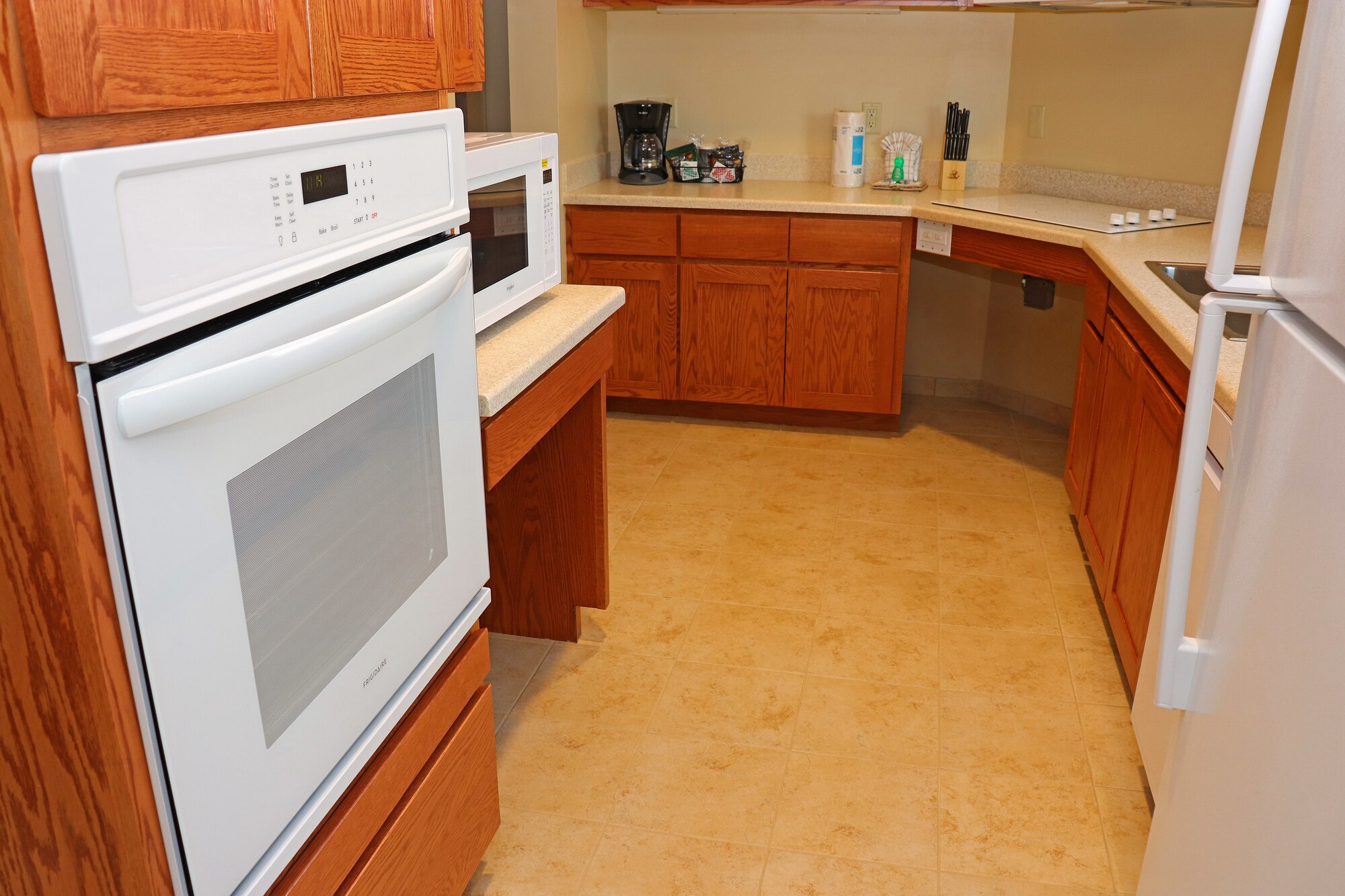 The kitchen in a new Beale Air Force Base, California, temporary lodging facility. (U.S. Air Force photo by Erica L. Fowler)