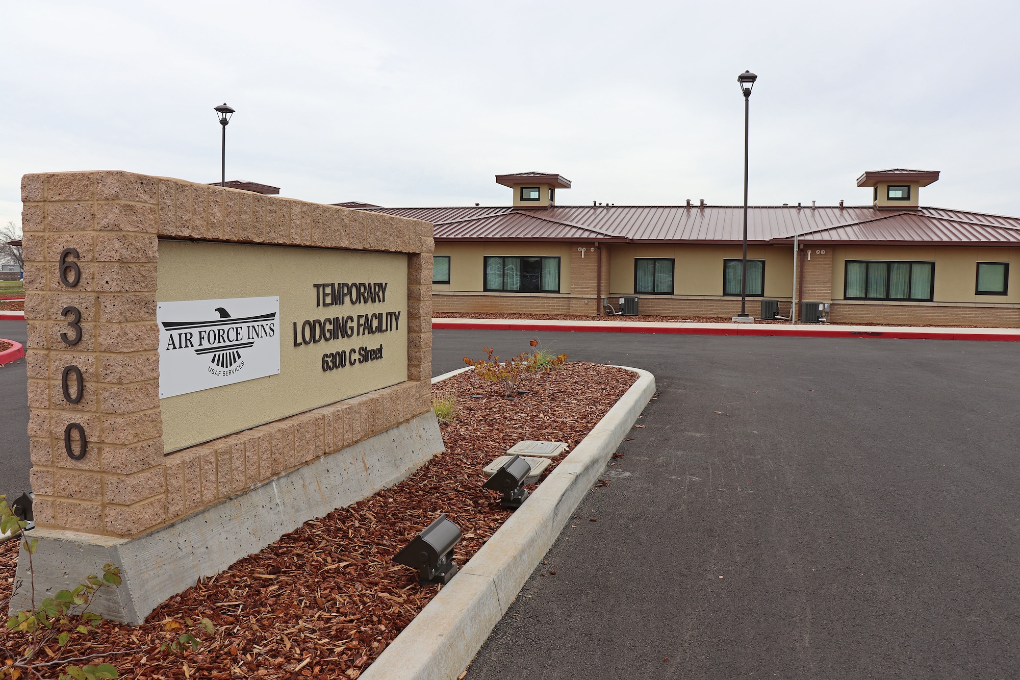 The entrance to the new Beale Air Force Base, California, temporary lodging facility. (U.S. Air Force photo by Erica L. Fowler)