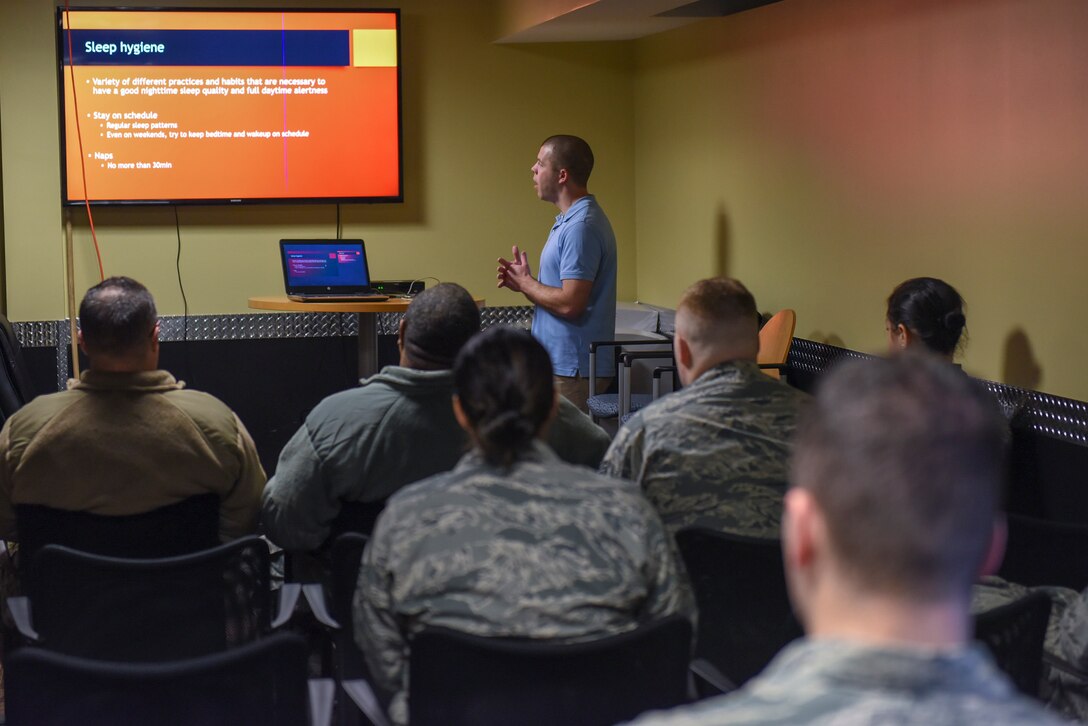 Jeff Stearns, an exercise physiologist with the 911th Force Support Squadron, teaches a class at the Pittsburgh International Airport Air Reserve Station, Pennsylvania, Jan. 11, 2020.