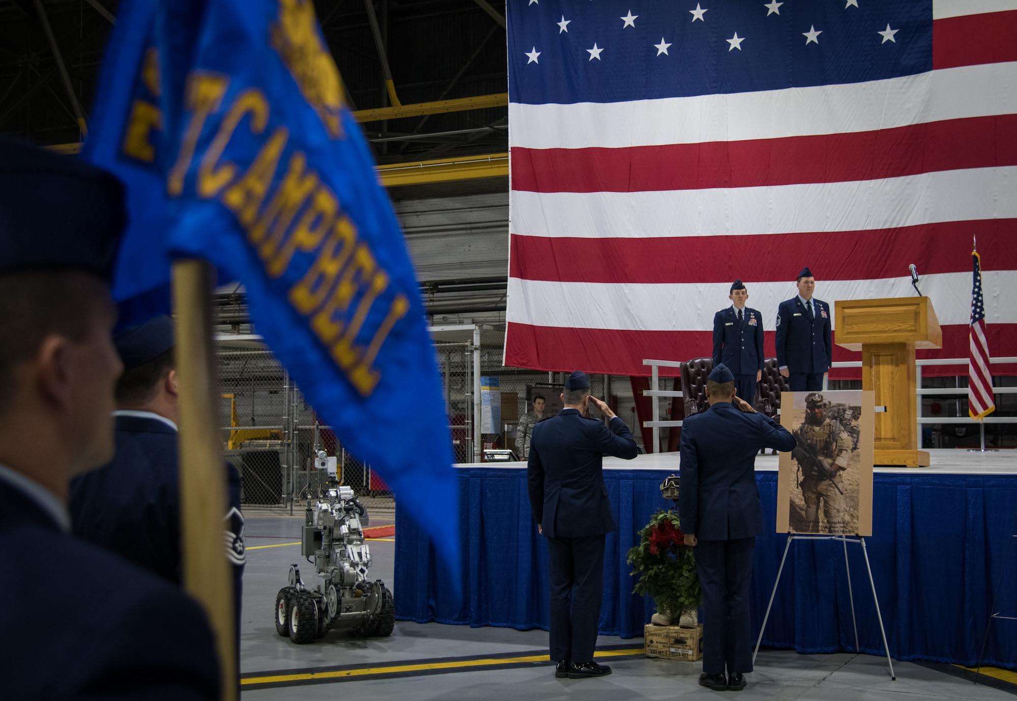 Col. Glenn Collins, 932nd Airlift Wing commander, and Col. Lance Turner, 932nd Mission Support Group commander, render a salute during a 10-year commemoration ceremony in honor of Tech. Sgt. Anthony Campbell, fallen 932nd Explosive Ordnance Disposal technician, Jan. 12, 2020, at Scott Air Force Base, Illinois. Campbell was killed in action Dec. 15, 2009, in Helmand Province, Afghanistan, while serving with the 755th Bravo EOD Flight. "Tech. Sgt. Tony Campbell's passing in 2009 was a tremendous loss for the EOD community, the reverberations of which are still felt today. He died doing what he loved, protecting his nation and his brothers, and he left behind a beautiful legacy that we must never forget. It is our solemn duty to remember Tony, to honor his sacrifice, and to pay tribute to his family. Today's ceremony was our most humble attempt to do just that,” said Maj. Daniel Myatt, 932nd EOD flight commander. (U.S. Air Force photo by Master Sgt. Christopher Parr)