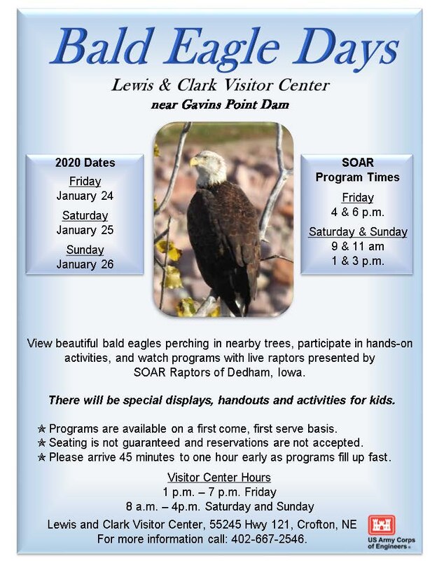 View beautiful bald eagles perching in nearby trees, participate in hands-on activities, and watch programs with live raptors presented by SOAR Raptors of Dedham, Iowa.