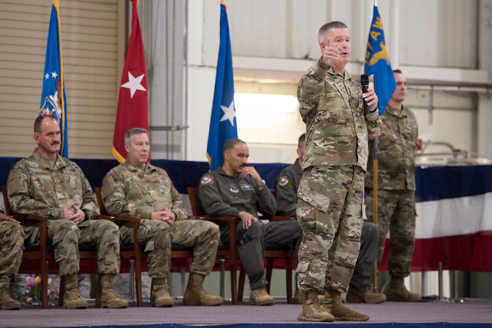 West Virginia National Guard Adjutant General, Maj. Gen. James Hoyer, talks about the great responsibility of being a wing commander during a change of command ceremony at the 167th Airlift Wing, West Virginia Air National Guard, Jan. 12, 2020. Col. Martin Timko assumed command of the wing, Col. David Cochran relinquished command during the ceremony.
