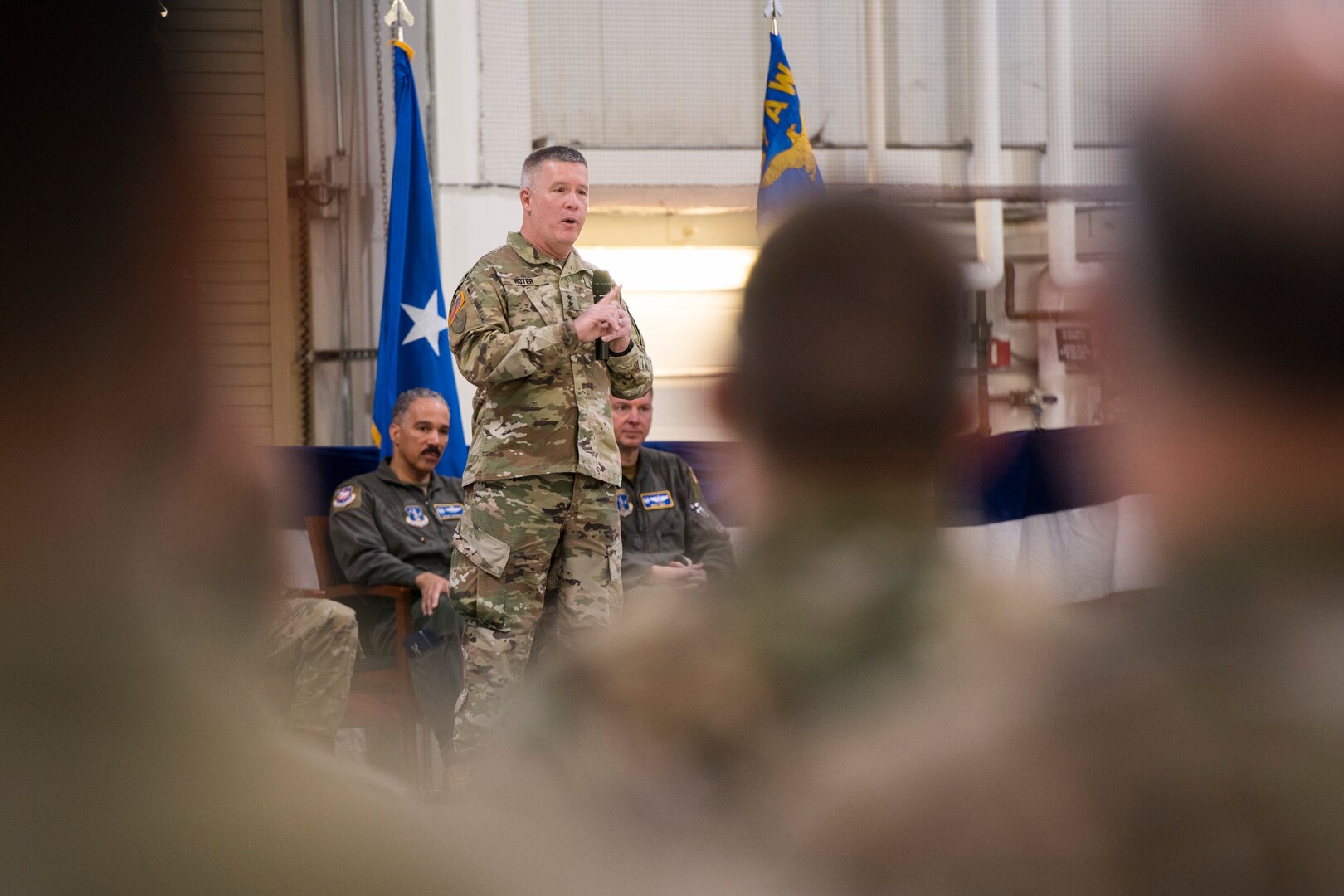 West Virginia National Guard Adjutant General, Maj. Gen. James Hoyer, talks about the great responsibility of being a wing commander during a change of command ceremony at the 167th Airlift Wing, West Virginia Air National Guard, Jan. 12, 2020. Col. Martin Timko assumed command of the wing, Col. David Cochran relinquished command during the ceremony.