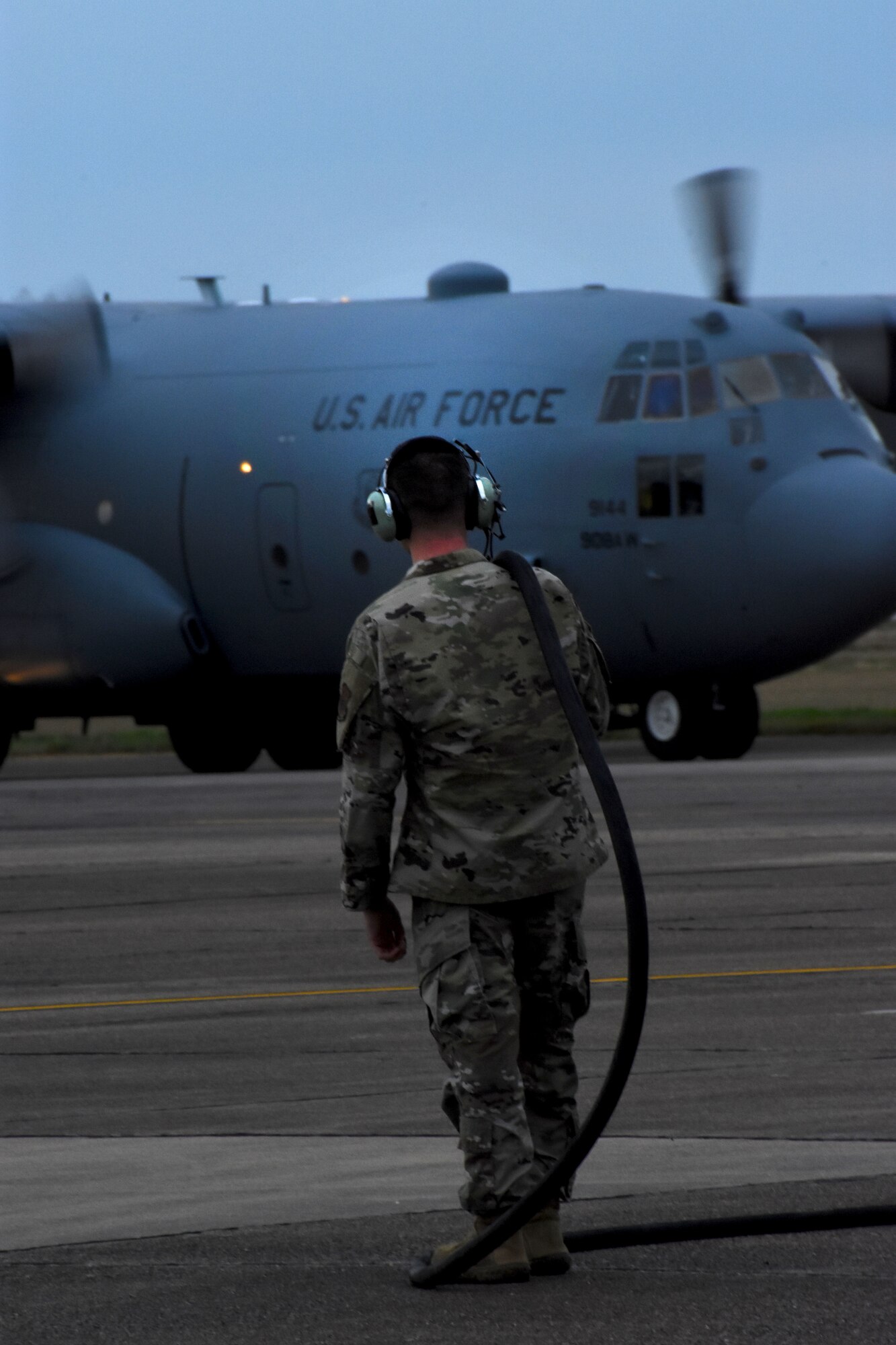 C-130's from the 908th Airlift Wing return to Maxwell Air Force Base. The planes temporarily relocated earlier last week as part of the weather evacuation plan. (U.S. Air Force photo by Senior Airman Max Goldberg)