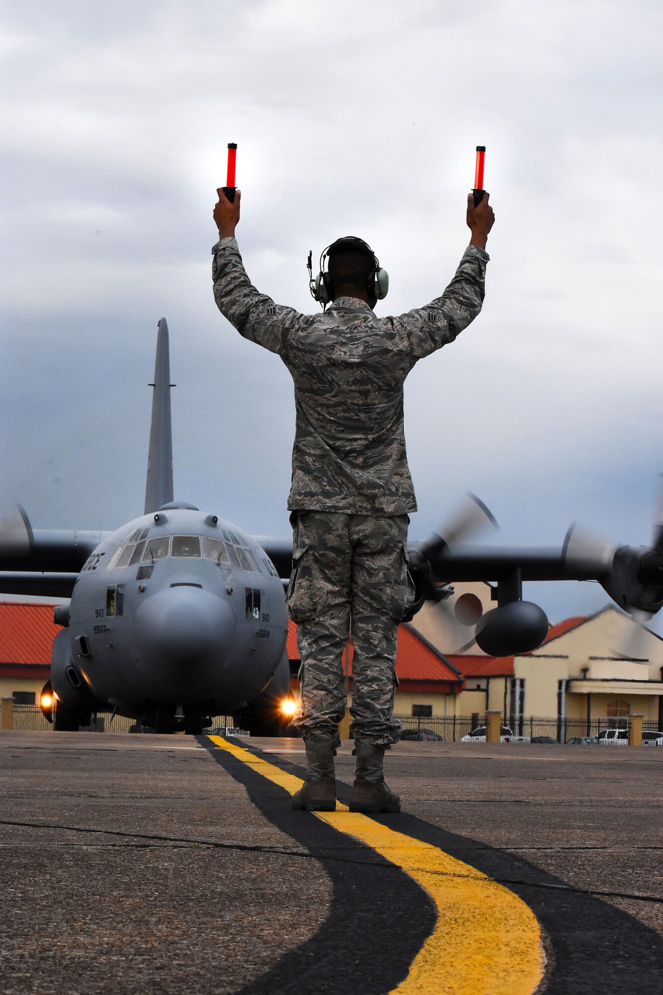 C-130's from the 908th Airlift Wing return to Maxwell Air Force Base. The planes temporarily relocated earlier last week as part of the weather evacuation plan. (U.S. Air Force photo by Senior Airman Max Goldberg)