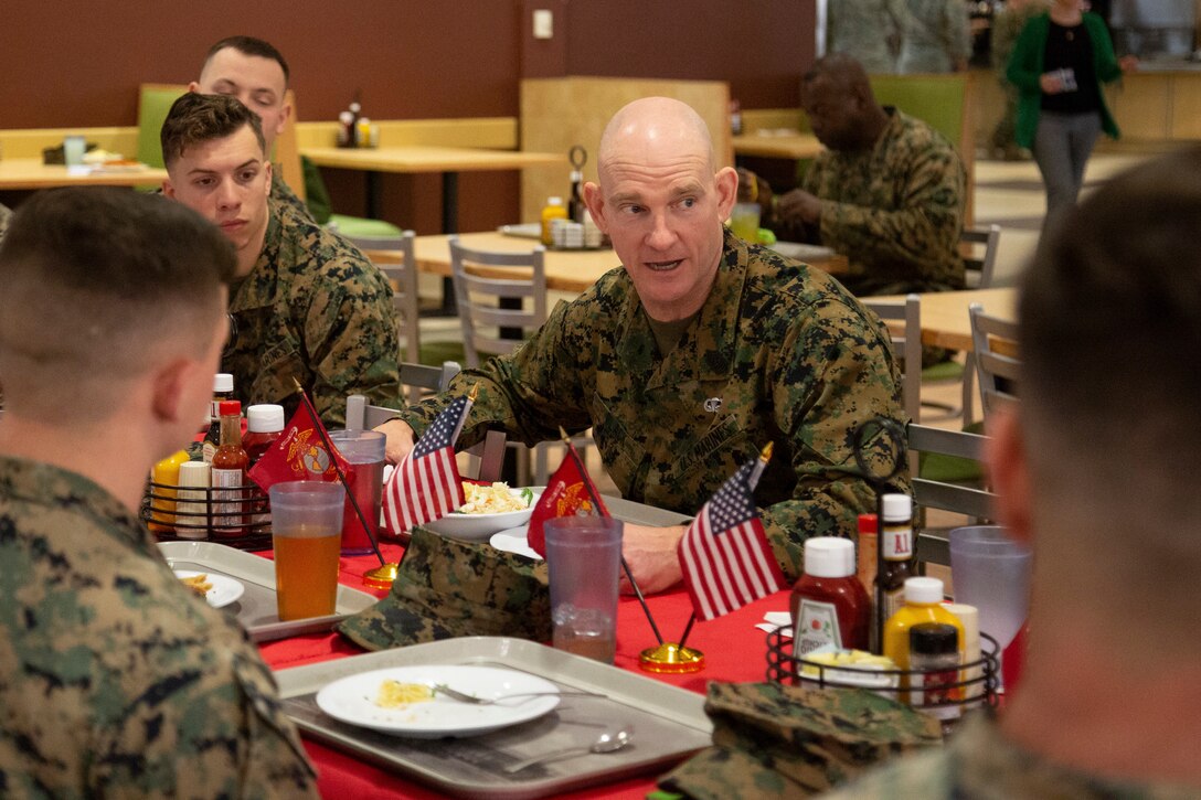 U.S. Marines stationed at Marine Corps Air Station New River have lunch with Sgt. Maj. Troy E. Black, center, the 19th sergeant major of the Marine Corps, during a visit to MCAS New River, North Carolina, Jan. 08, 2020. Black visited for familiarization with the current posture of Installation services, health and welfare of the service members, government employees and families within privatized military housing. (U.S. Marine Corps photo by Cpl. Dominique Osthoff)