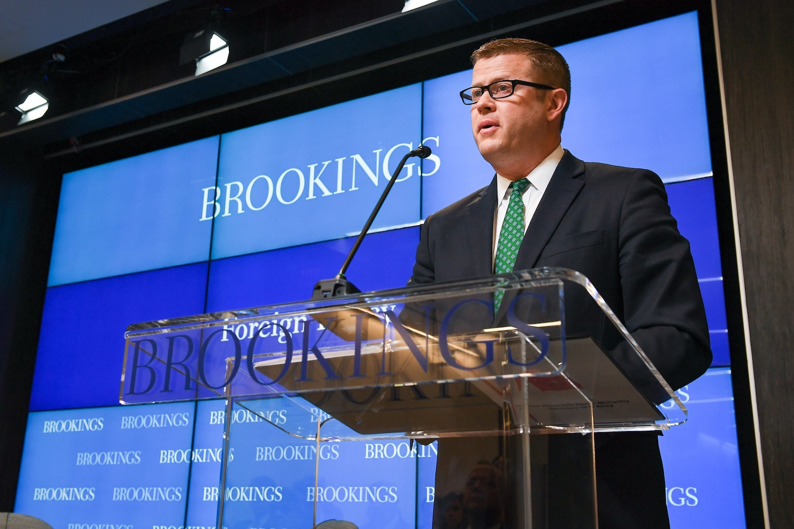 Secretary of the Army Ryan McCarthy speaks with Michael O'Hanlon, senior fellow in the foreign policy program at the Brookings Institution, during a speaking engagement in Washington, D.C., Jan. 10.