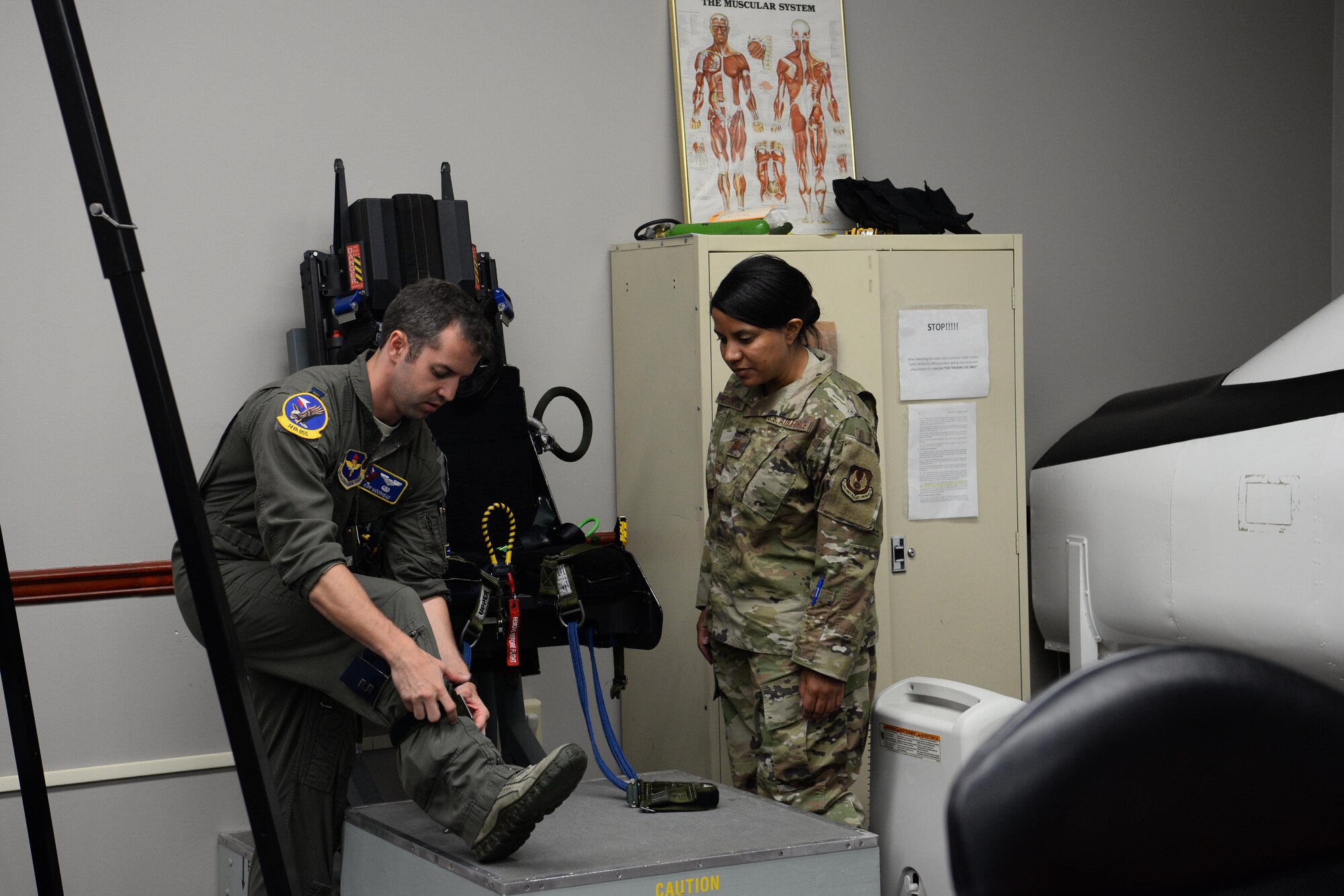 Capt. Kip Moorhead, 14th OSS operations flight commander, shows Maj. Saily Rodriguez, the Human Systems Program Office female fitment program manager, how to strap on safety belts in a T-38 Talon seat, July 11, 2019, on Columbus Air Force Base, Mississippi. Rodriguez is a female fitment program manager whose job is to research and develop, test, evaluate and manage aircrew flight equipment.