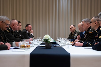 Chairman of the Joint Chiefs of Staff Gen. Mark A. Milley meets with Ukraine’s Chief of the General Staff Lt. Gen. Ruslan Khomchak in Brussels, Belgium, Jan. 14, 2020. Ukraine is a key partner to NATO and plays a critical role in maintaining peace and stability in Europe.