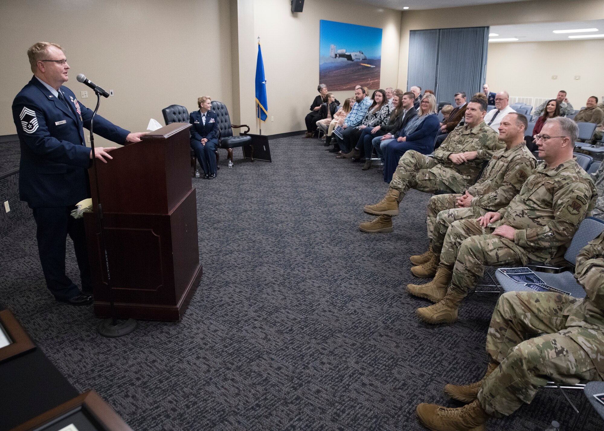 Chief Master Sgt. Edgar S. Mahan,188th Mission Support Group chief, addresses members of the 188th Wing during his retirement ceremony at Ebbing Air National Guard Base, Ark., Jan. 11, 2020. Mahan served 30 years in the United States armed forces including the Marines, Army National Guard, and Air National Guard. (U.S. Air National Guard photo by Tech. Sgt. Daniel Condit)