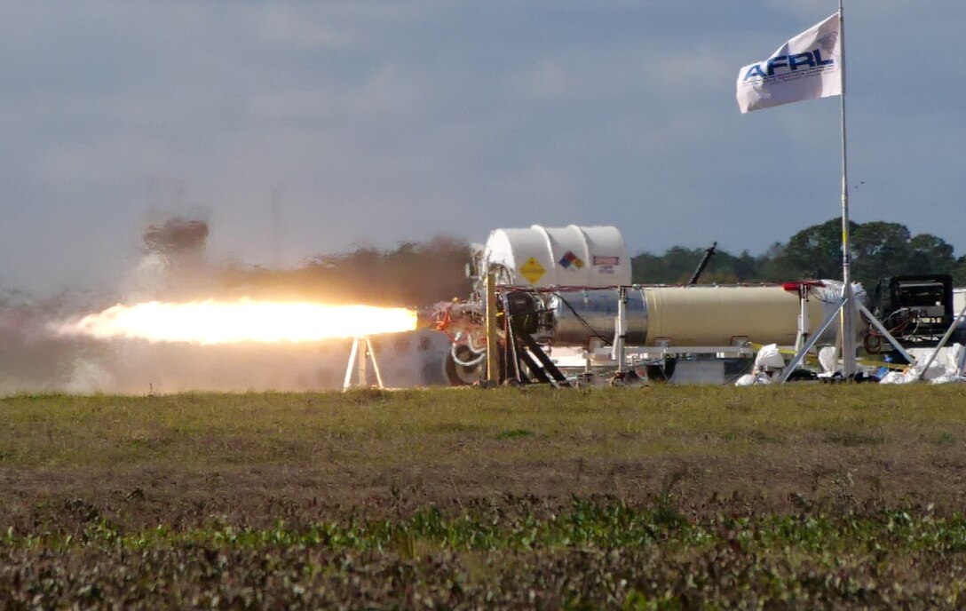 A recent X-60A hot fire test, conducted at Cecil Spaceport in Jacksonville, Florida. The X-60A, developed through an Air Force Research Laboratory Small Business Innovation Research contract, is an air-launched rocket designed for hypersonic flight research. (U.S. Air Force photo)