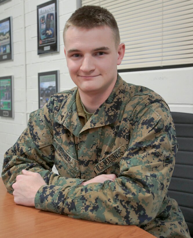 Lance Cpl. Mixon Fisher arrived at Marine Corps Logistics Base Albany, his first duty station, on March 26, 2019. He serves as an administrative clerk for the company office at Marine Corps Logistics Command. (U.S. Marine Corps photo by Jennifer Parks)