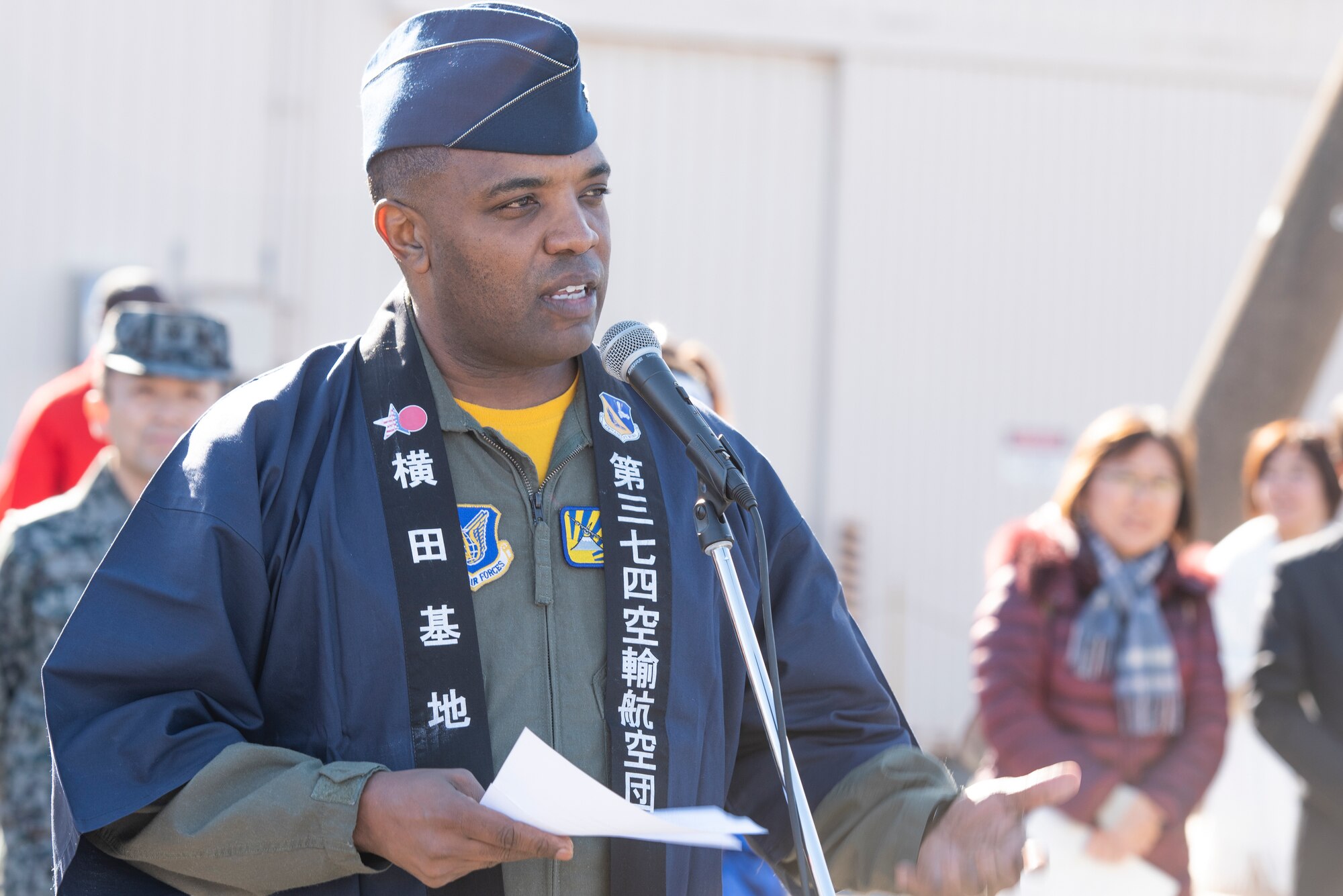 Col. Otis C. Jones, 374th Airlift Wing commander, provides opening remarks for the New Year Fest hosted by the Japanese Welfare Association, Jan.10, 2020, at Yokota Air Base, Japan.