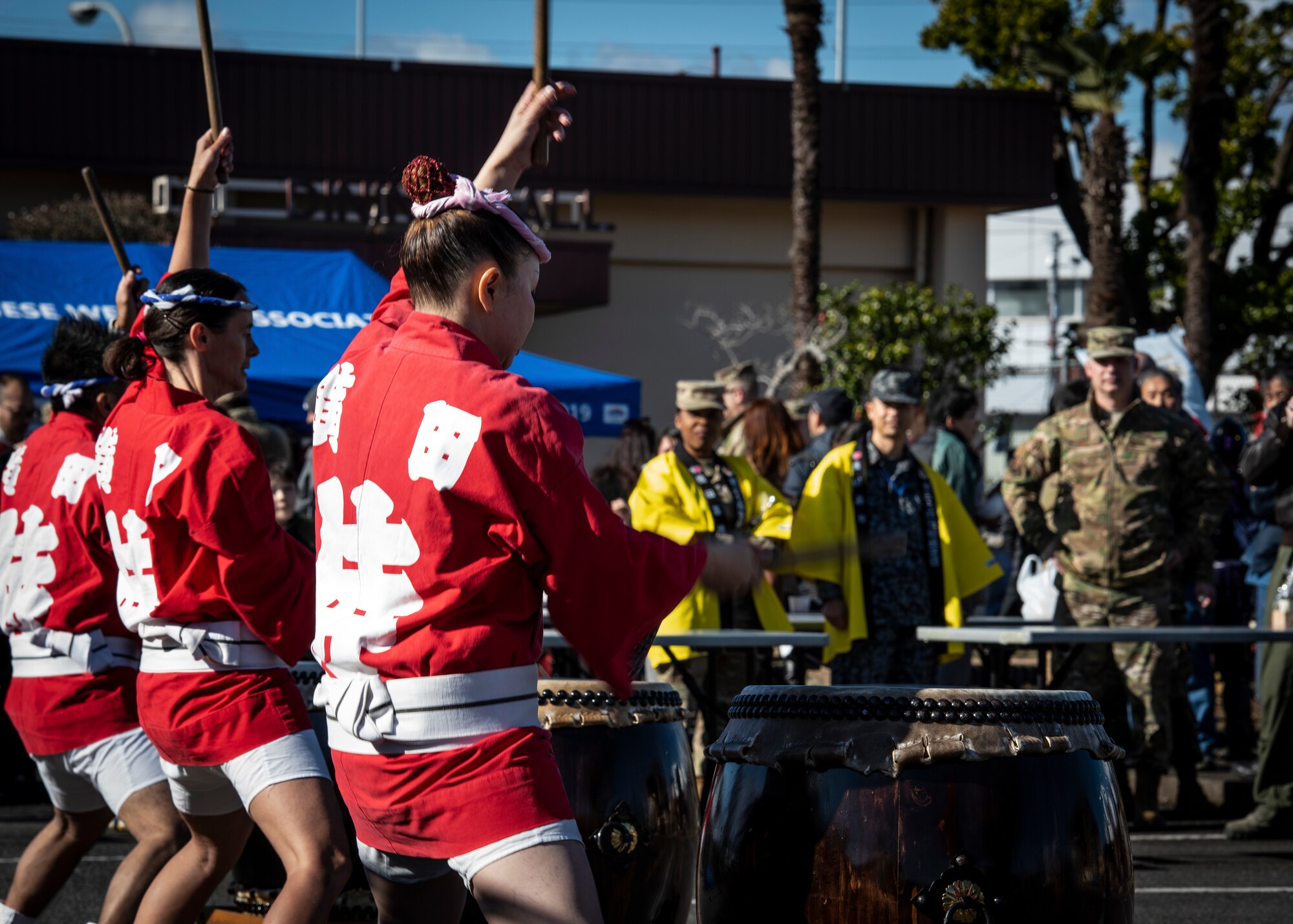 Members of the Samurai Taiko Drum Team perform during the New Year Fest hosted by the Japanese Welfare Association, Jan.10, 2020, at Yokota Air Base, Japan.