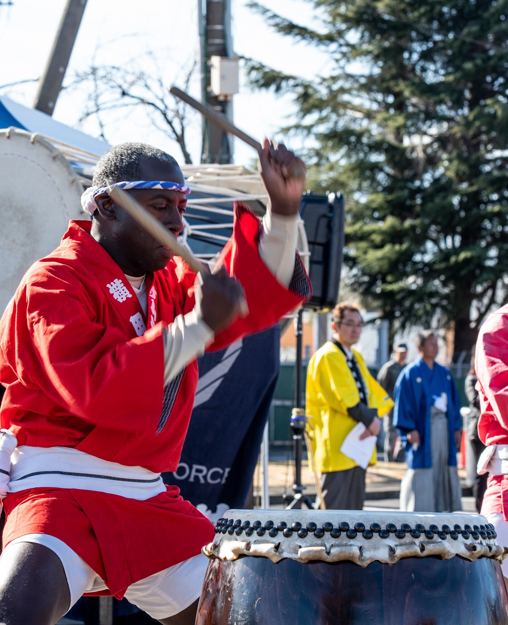 A member of the Samurai Taiko Drum Team performs during the New Year Fest hosted by the Japanese Welfare Association, Jan.10, 2020, at Yokota Air Base, Japan.