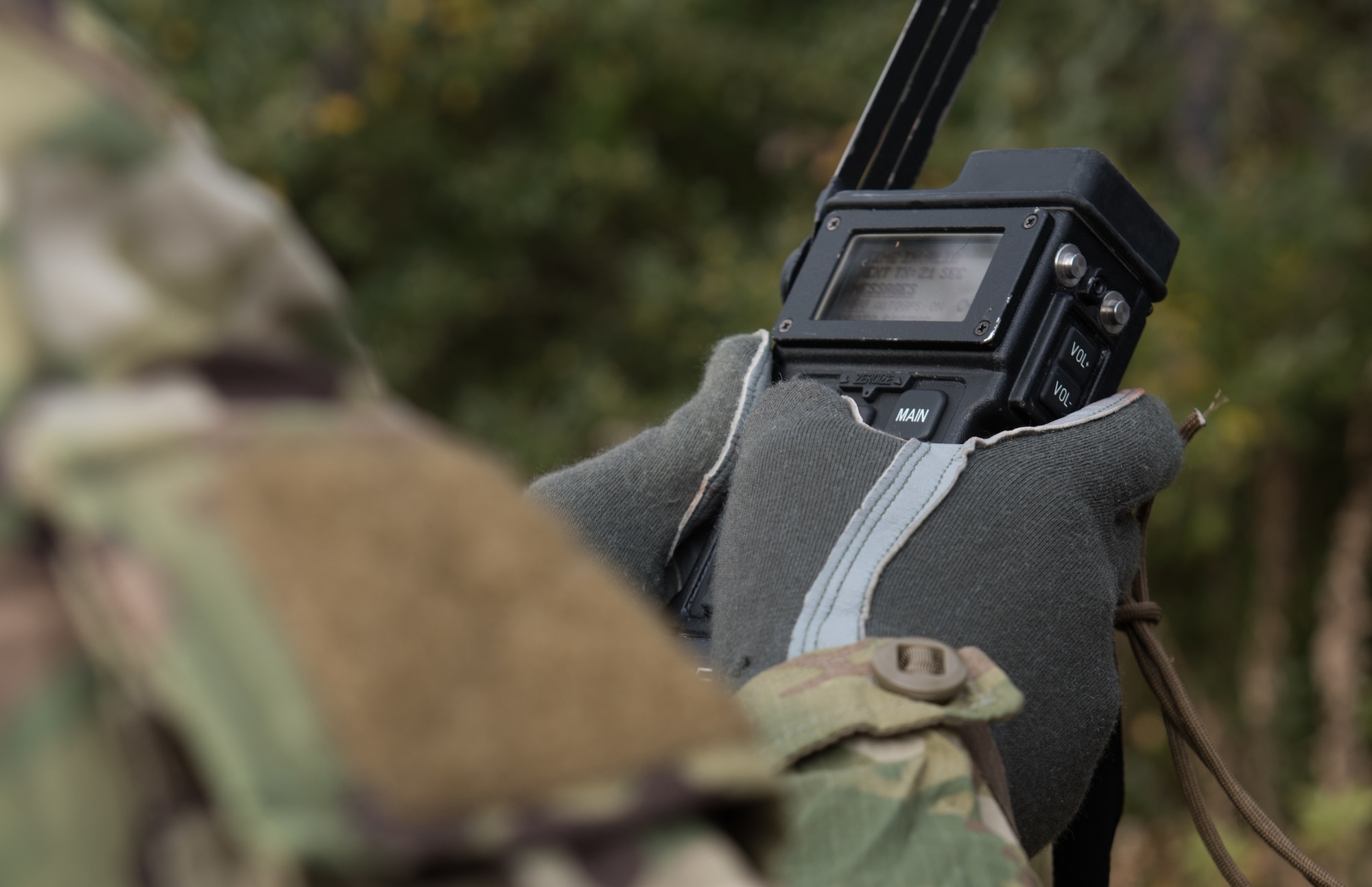 U.S. Air Force Tech. Sgt. Stephen Drakes, 192 Operations Support Squadron, Virginia Air National Guard SERE Survival, Evasion, Resistance and Escape non-commissioned officer in charge, sets a survival radio during a training at Joint Base Langley-Eustis, Virginia, Dec. 12, 2019. Drakes led the training which taught survival skills necessary for an isolation situation. (U.S. Air Force photo by Airman 1st Class Sarah Dowe)