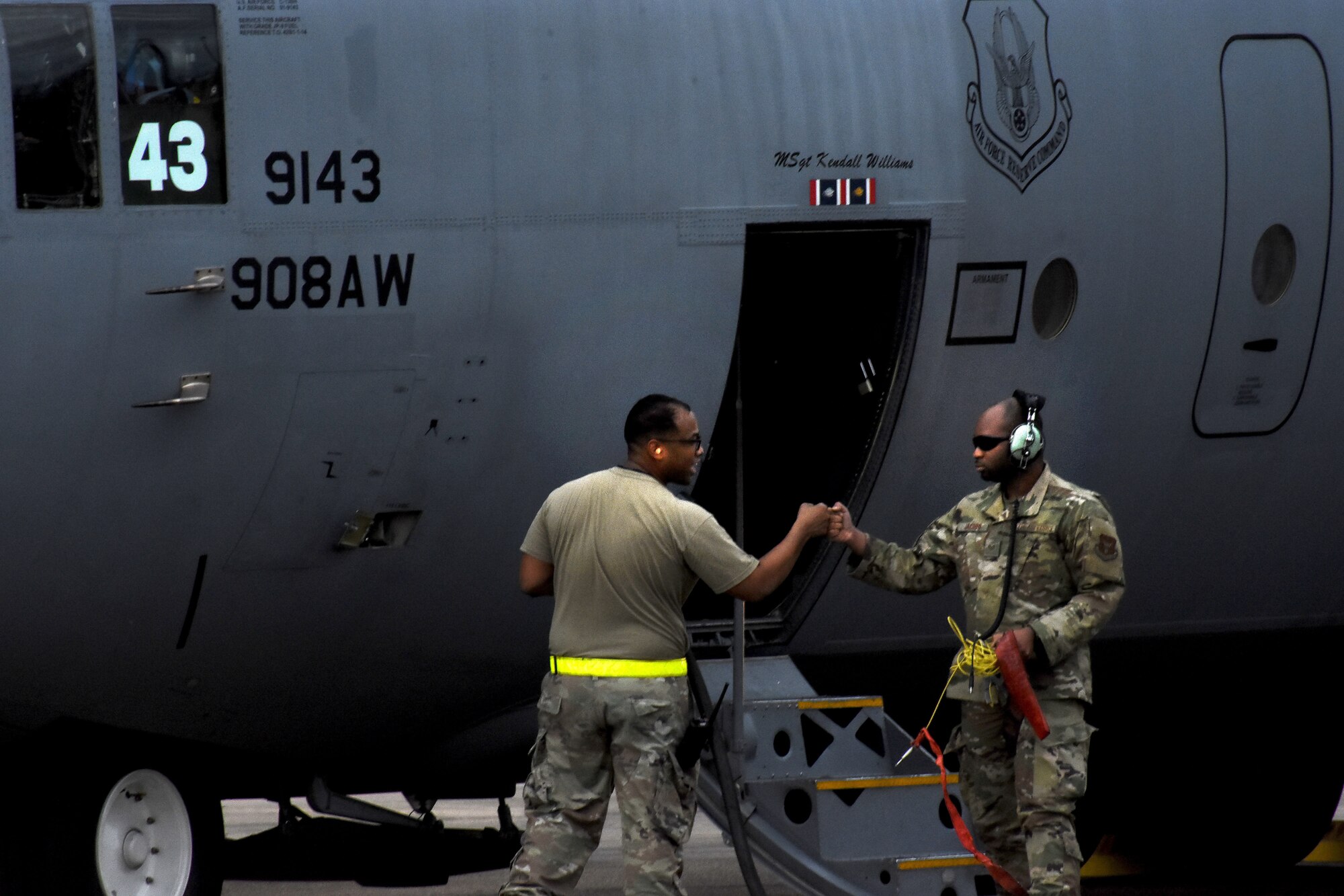 C-130's from the 908th Airlift Wing return to Maxwell Air Force Base. The planes termporarliy relocated earlier last week as part of the weather evacuation plan. (U.S. Air Force photo by Senior Airman Max Goldberg)