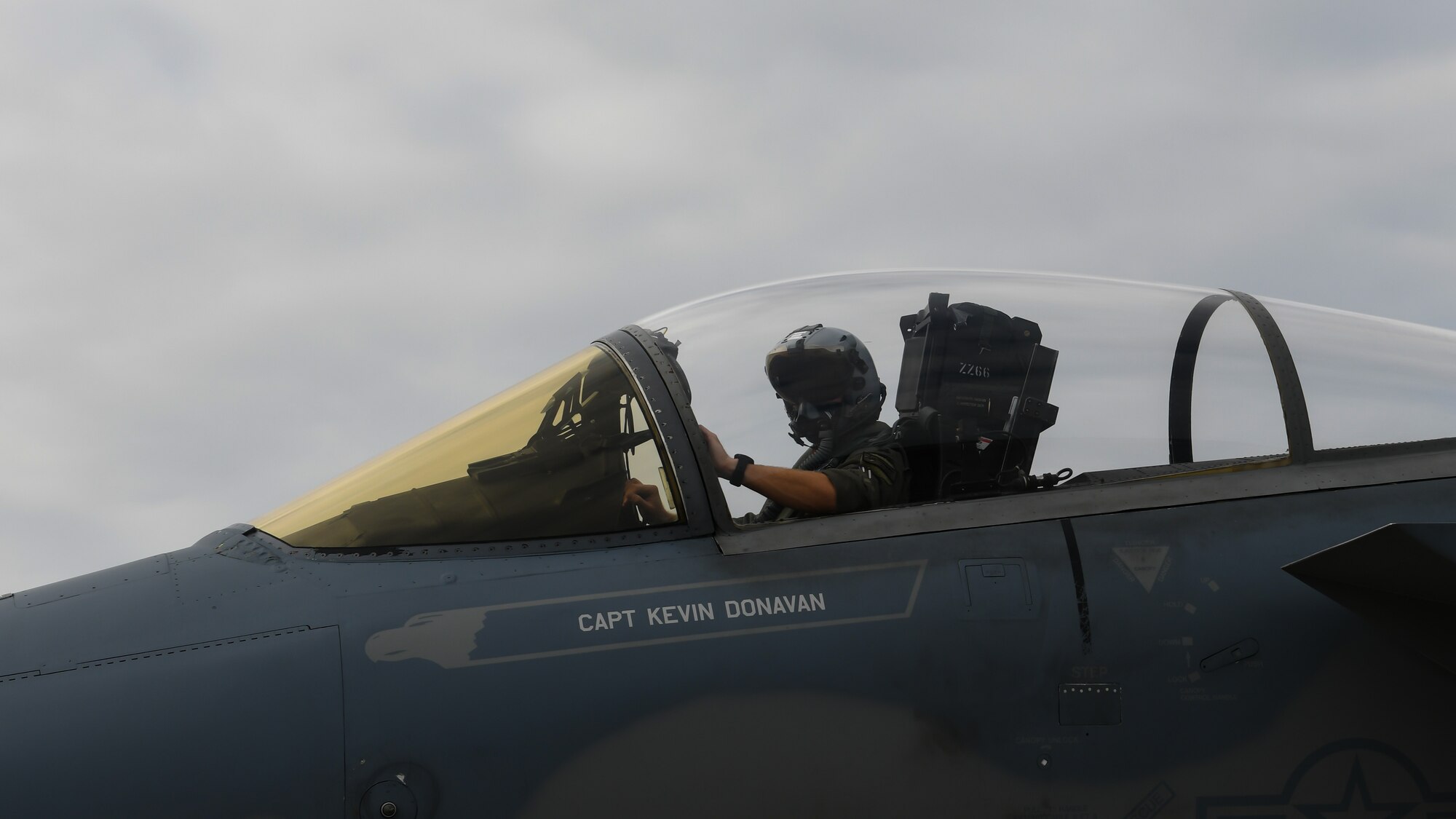 Capt. Keven Donavan, 67th Fighter Squadron pilot, brings his F-15C Eagle to a halt for refueling during Exercise Rumrunner at Marine Corps Air Station Futenma, Japan, Jan. 10, 2020. The 18th Wing and its joint partners executed the first WestPac Rumrunner exercise, which focused on defensive counter air capabilities and joint interoerpability using agile combat employment concepts. (U.S. Air Force photo by Staff Sgt. Benjamin Raughton)