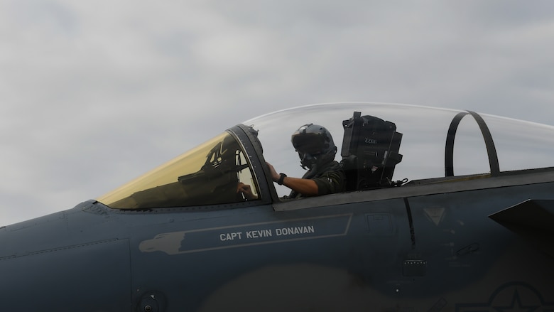 Capt. Keven Donavan, 67th Fighter Squadron pilot, brings his F-15C Eagle to a halt for refueling during Exercise Rumrunner at Marine Corps Air Station Futenma, Japan, Jan. 10, 2020. The 18th Wing and its joint partners executed the first WestPac Rumrunner exercise, which focused on defensive counter air capabilities and joint interoerpability using agile combat employment concepts. (U.S. Air Force photo by Staff Sgt. Benjamin Raughton)
