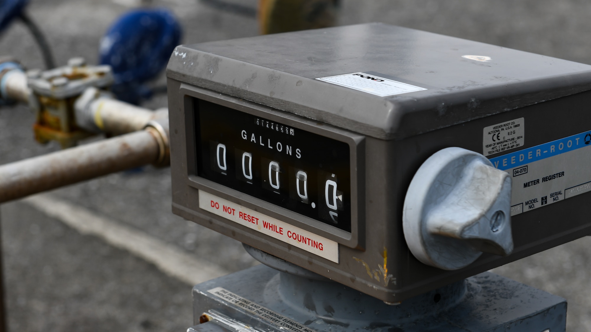 A fuel meter sits alongside an aircraft refueling station during Exercise WestPac Rumrunner at Marine Corps Air Station Futenma, Japan, Jan. 10, 2020. The 18th Wing and its joint partners executed the first WestPac Rumrunner exercise, which focused on defensive counter air capabilities and joint interoperability using agile combat employment concepts. (U.S. Air Force photos by Staff Sgt. Benjamin Raughton)
