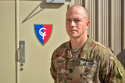 Indiana National Guard Master Sgt. Zachery Hackett, a 38th Infantry Division senior infantry sergeant from Fort Wayne, Indiana, serving as the unit’s future operations noncommissioned officer in charge, Jan. 10, 2020, in the Middle East. Hackett, one of more than 600 National Guard soldiers who departed the Hoosier State in May, supports the U.S. Army Central Task Force Spartan in southwest Asia.