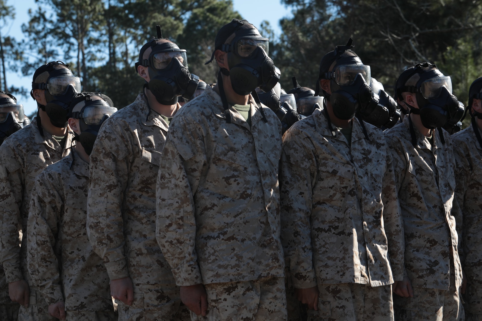 Recruits with Fox Company, 2nd Recruit Training Battalion, wait to enter the gas chamber before performing chemical, biological, radiological, and nuclear (CBRN) defense training at Marine Corps Recruit Depot Parris Island, S.C., Jan. 6, 2020. Training for CBRN defense is an event in which recruits are exposed to CS gas, in order to familiarize themselves with the use of a gasmask. (U.S. Marine Corps photo by Lance Cpl. Dylan Walters)
