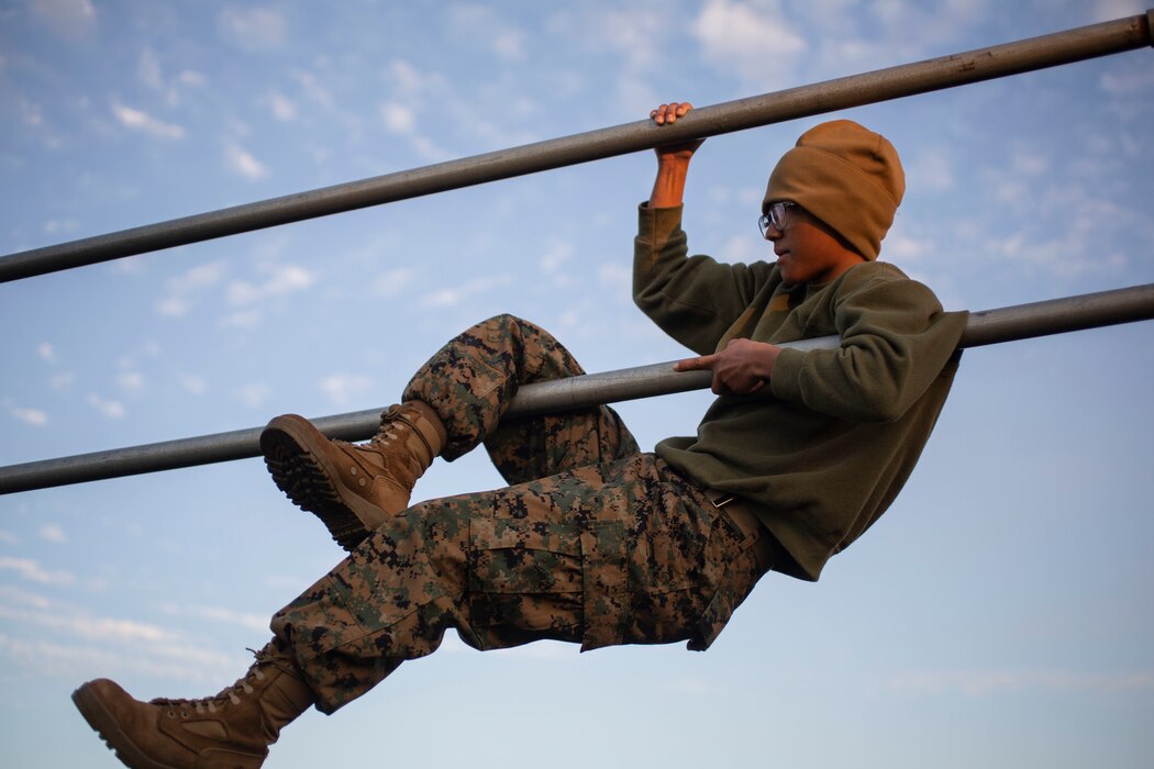 Recruits with Papa Company, 4th Recruit Training Battalion, complete numerous challenges during the Obstacle Course on Marine Corps Recruit Depot Parris Island, S.C., Jan. 7, 2020. This "O-Course" is comprised of various obstacles and is designed to instill confidence in recruits by overcoming physical challenges. 
(U.S. Marine Corps photos by Sgt. Dana Beesley)