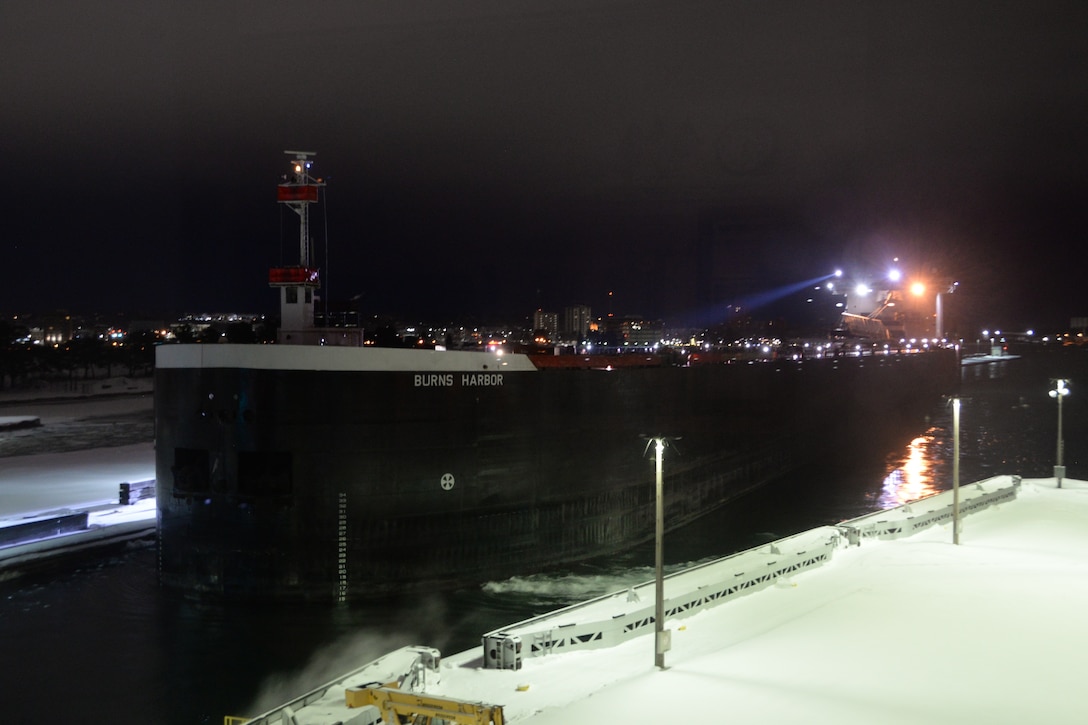 The last vessel to traverse the Poe Lock for the 2019-2020 shipping season was the 1,000-foot freighter Burns Harbor. The ship was up-bound from Burns Harbor, Indiana headed for Superior, Wisconsin for winter lay-up. The ship completed locking through January 15 at 6:44 a.m. This last vessel through the locks marks the end of a busy season and the beginning of yearly maintenance.